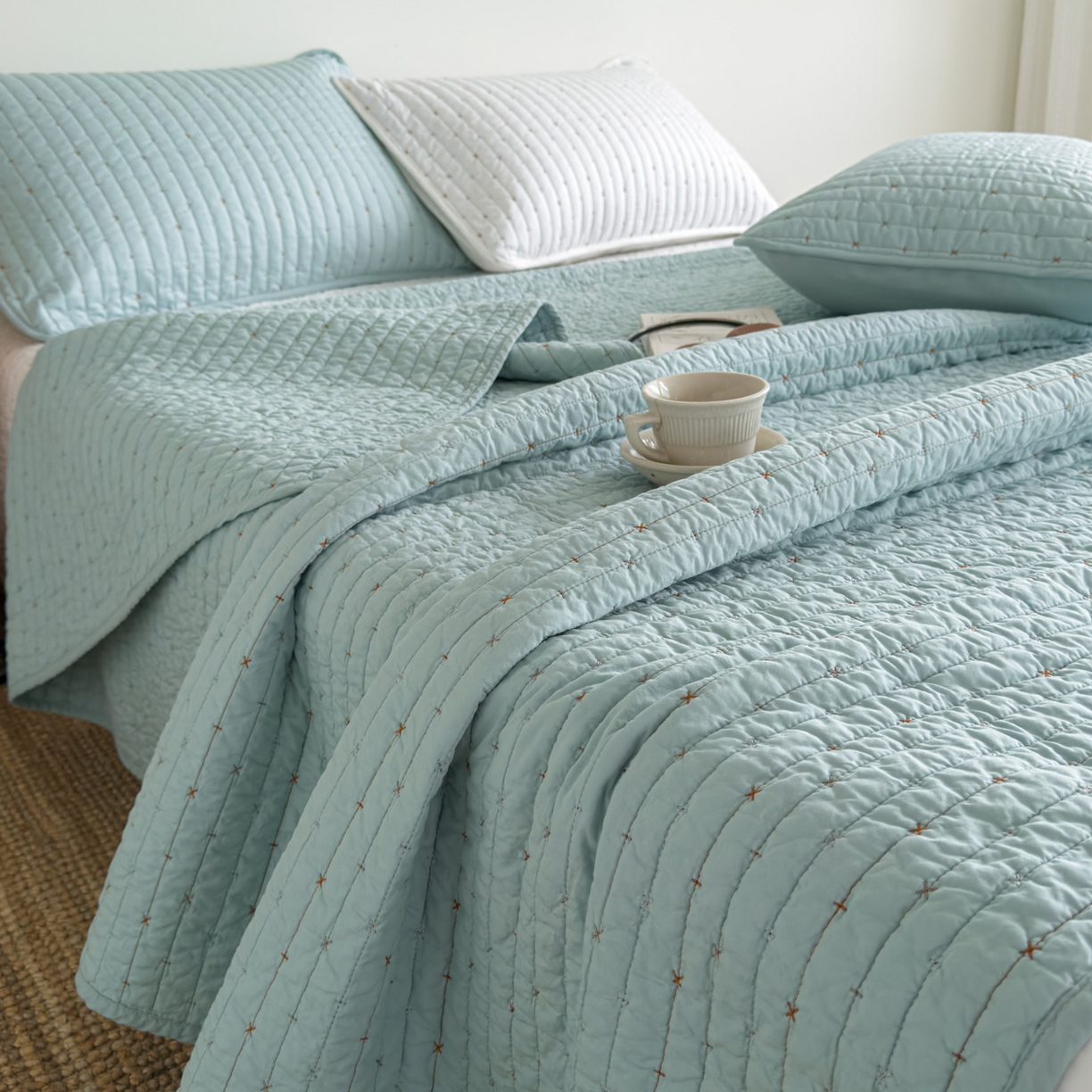 91家纺网 家纺一手货源 找家纺 沐纯家居 2026新款60支全棉纯棉米粒绣纯色床盖三件套 绿色