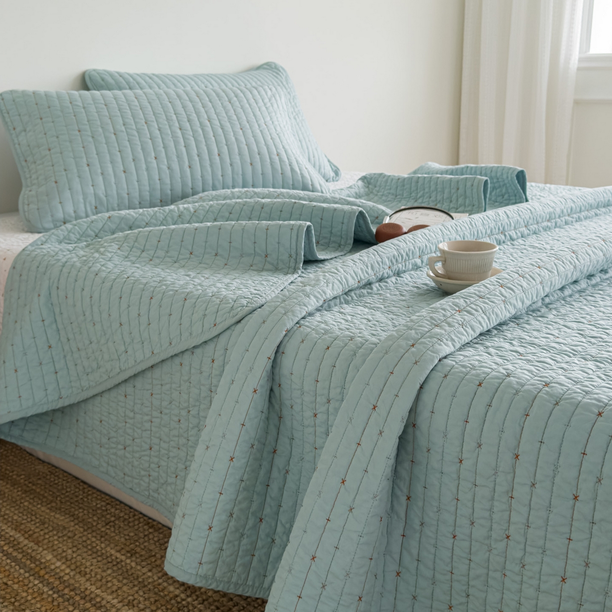 91家纺网 家纺一手货源 找家纺 沐纯家居 2026新款60支全棉纯棉米粒绣纯色床盖三件套 绿色