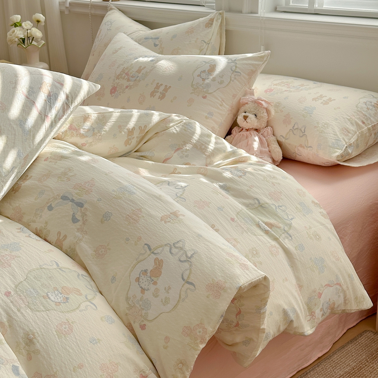 91家纺网 家纺一手货源 找家纺 多品家纺 2026新款奶呼呼超柔云感双层纱系列单被套 棉花兔兔