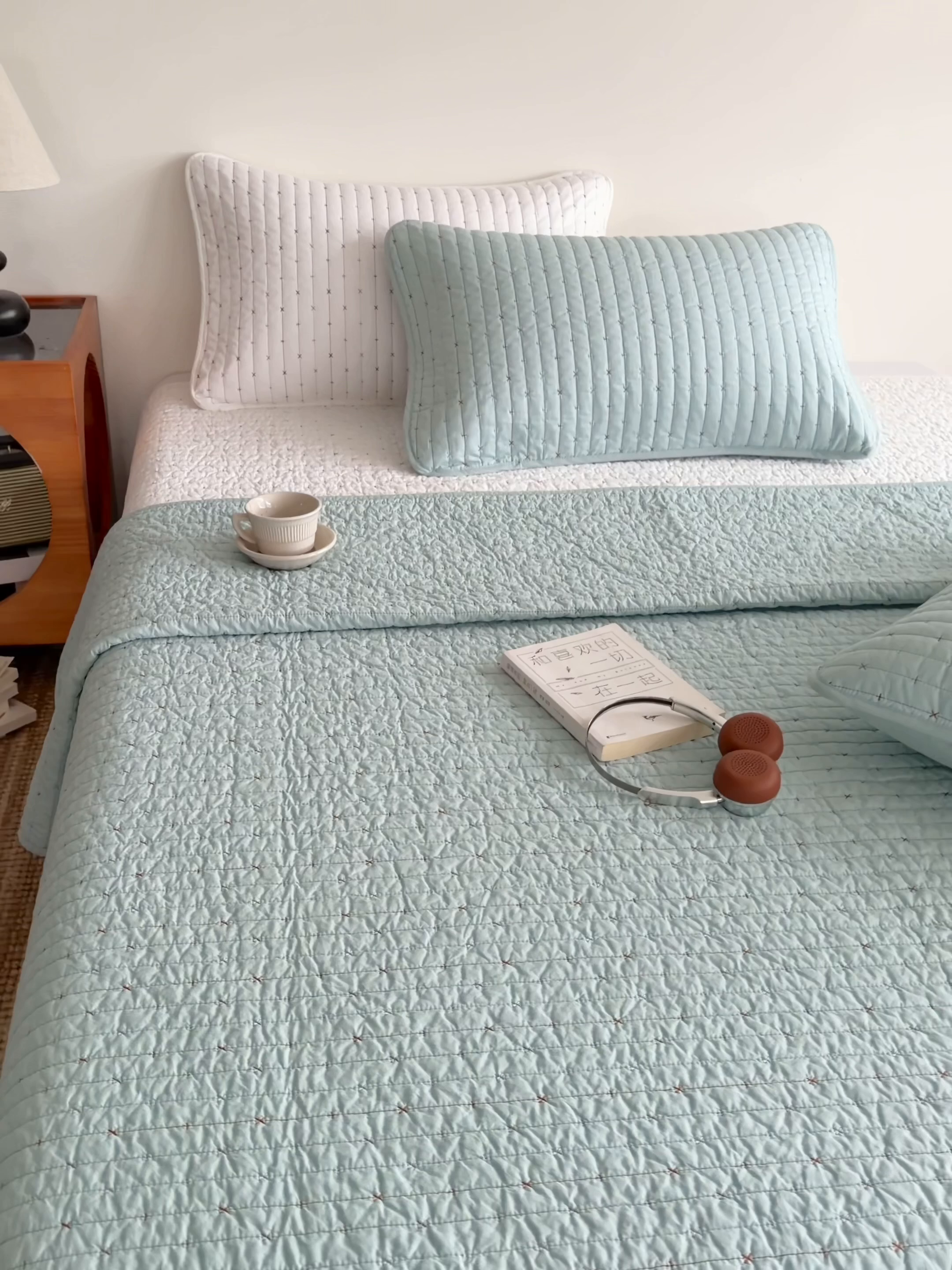 91家纺网 家纺一手货源 找家纺 沐纯家居 2026新款60支全棉纯棉米粒绣纯色床盖三件套 绿色