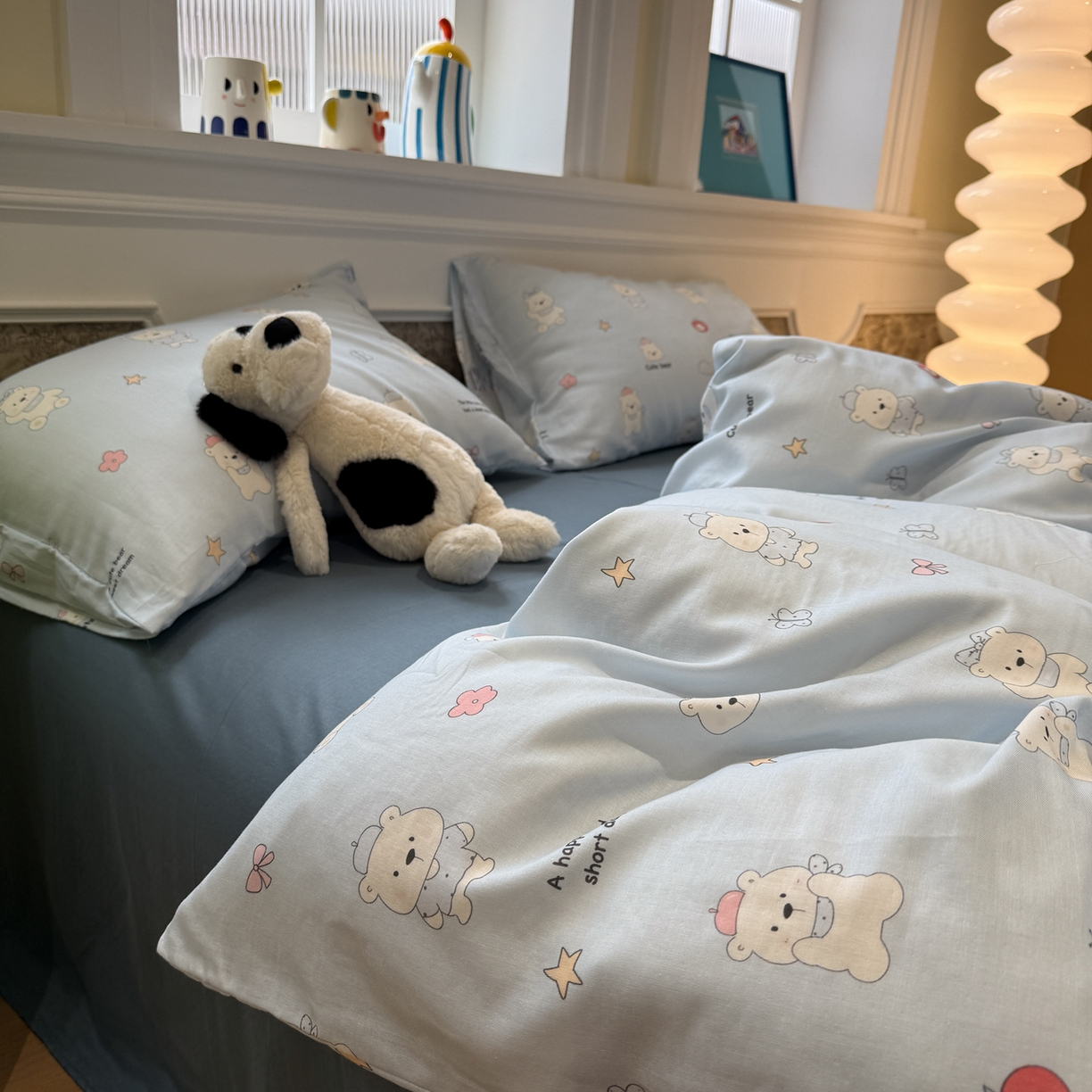 91家纺网 家纺一手货源 找家纺 塞纳 2026新款.全棉有氧双层纱四件套-场景一 软糖小熊-蓝