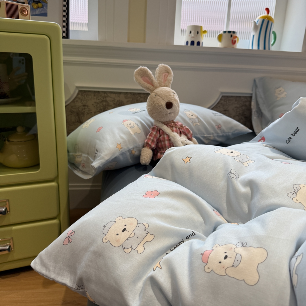 91家纺网 家纺一手货源 找家纺 塞纳 2026新款.全棉有氧双层纱四件套-场景一 软糖小熊-蓝