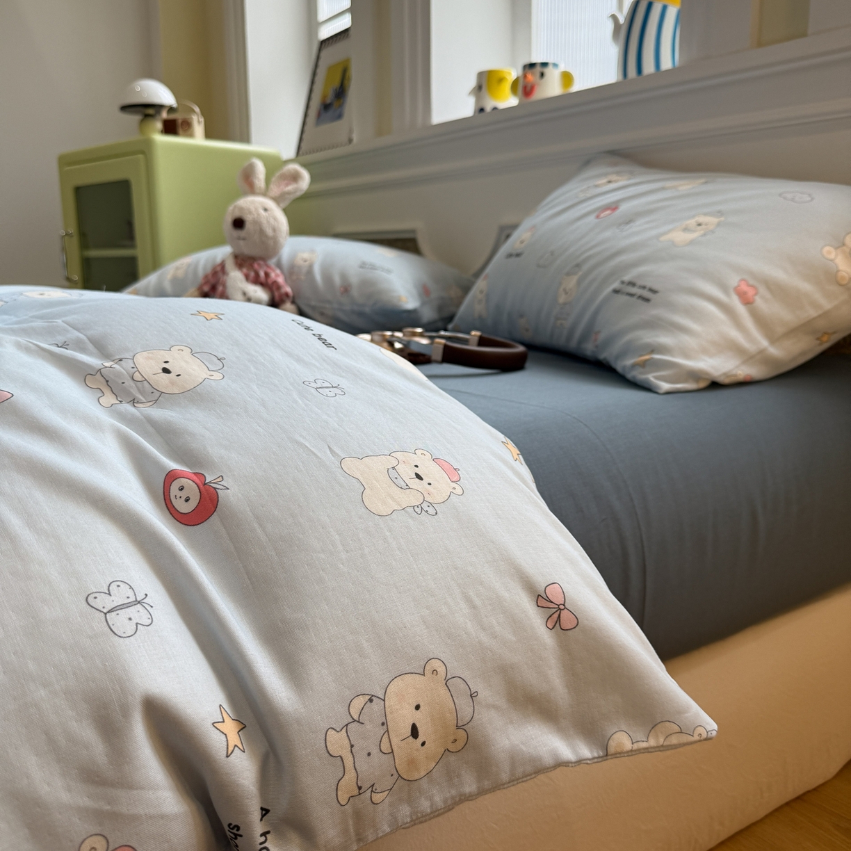 91家纺网 家纺一手货源 找家纺 塞纳 2026新款.全棉有氧双层纱四件套-场景一 软糖小熊-蓝