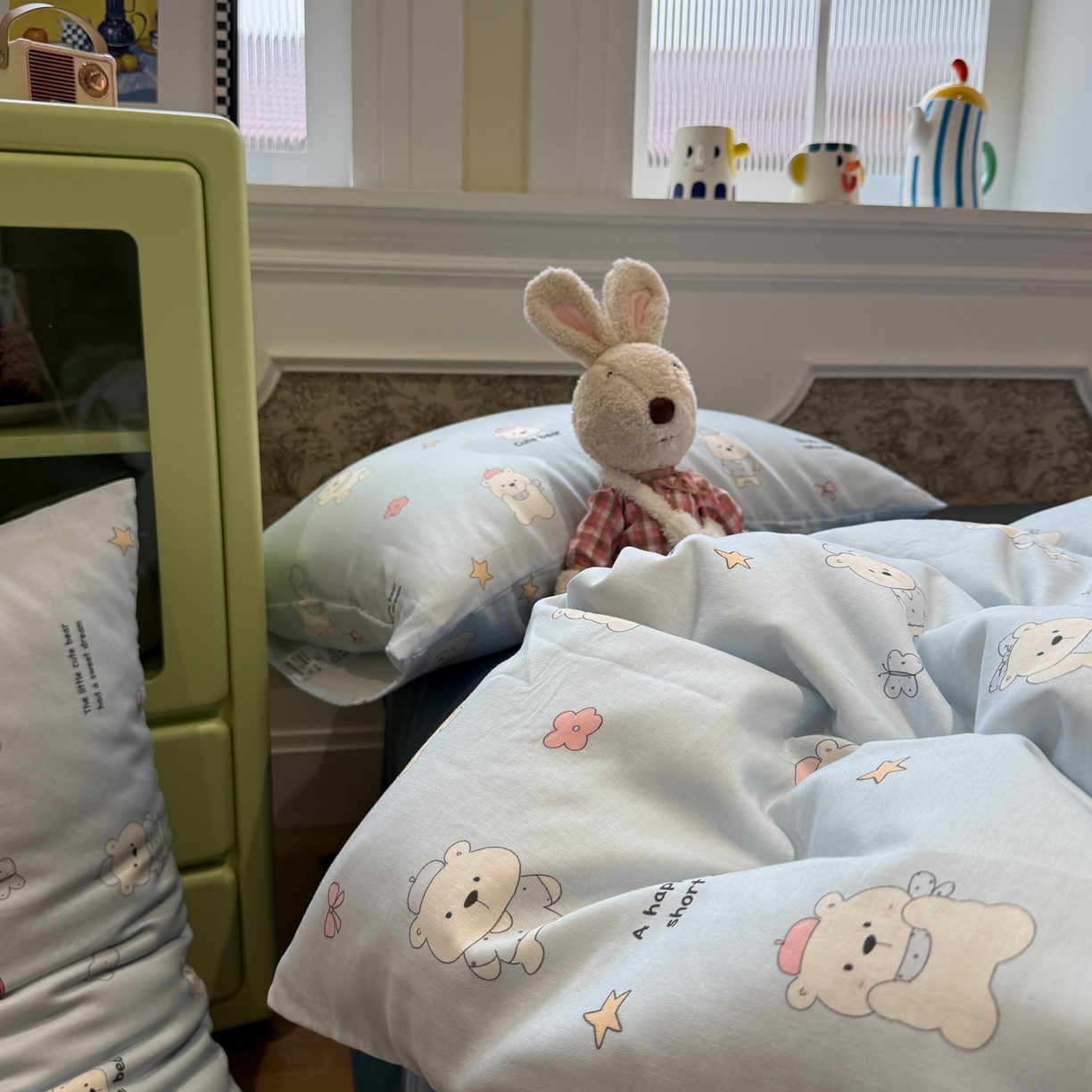 91家纺网 家纺一手货源 找家纺 塞纳 2026新款.全棉有氧双层纱四件套-场景一 软糖小熊-蓝