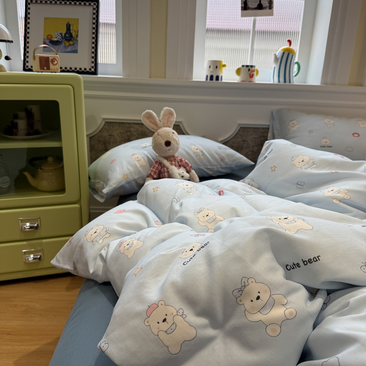 91家纺网 家纺一手货源 找家纺 塞纳 2026新款.全棉有氧双层纱四件套-场景一 软糖小熊-蓝