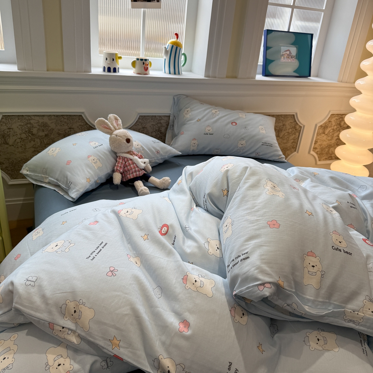 91家纺网 家纺一手货源 找家纺 塞纳 2026新款.全棉有氧双层纱四件套-场景一 软糖小熊-蓝