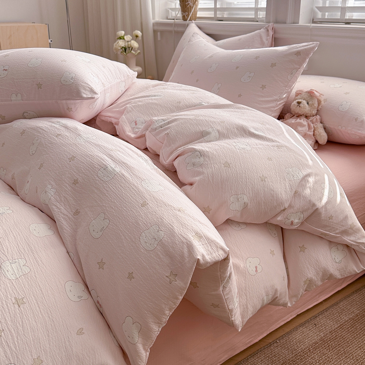 多品家纺 2026新款奶呼呼超柔云感双层纱系列单被套 桃气兔兔