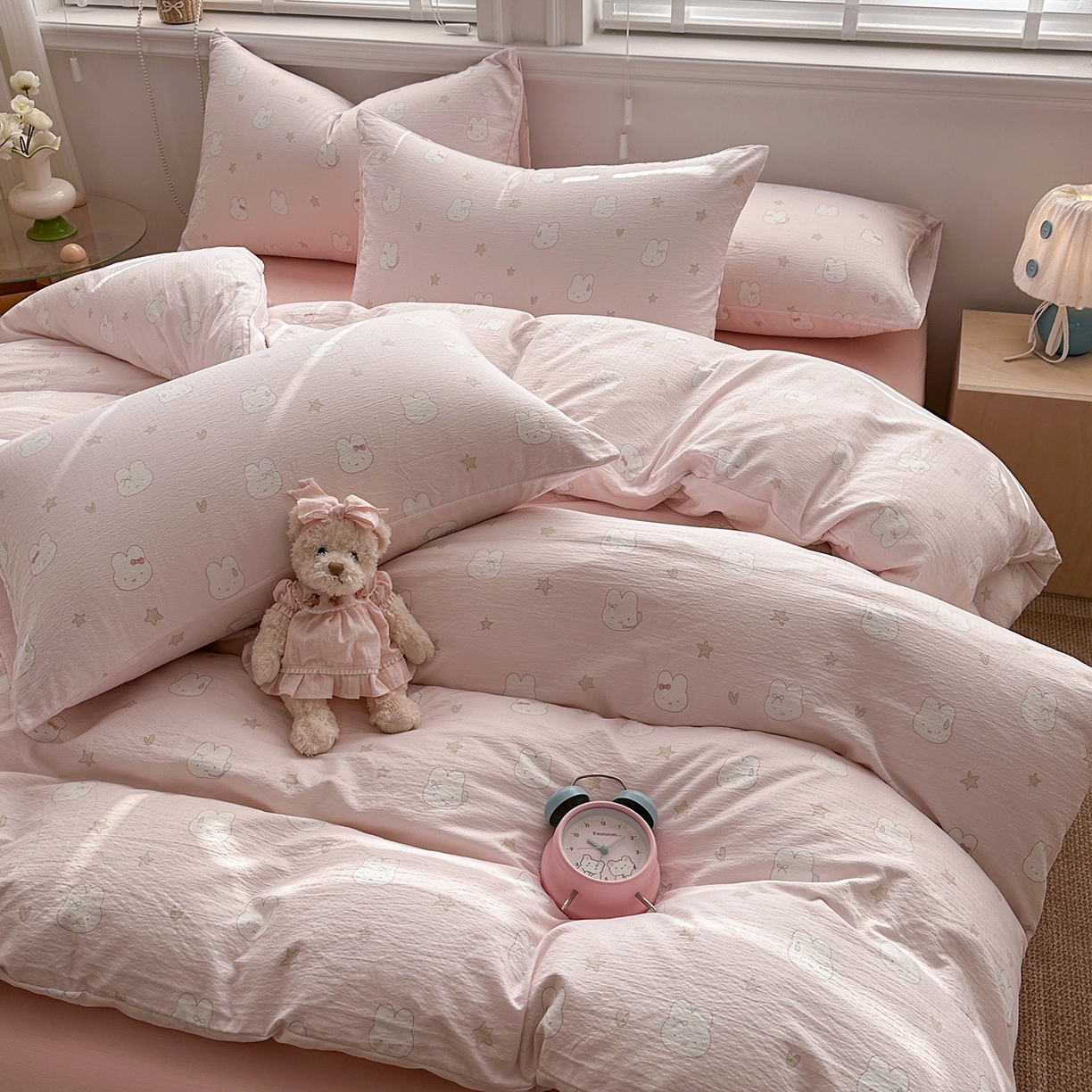 91家纺网 家纺一手货源 找家纺 多品家纺 2026新款奶呼呼超柔云感双层纱系列单被套 桃气兔兔