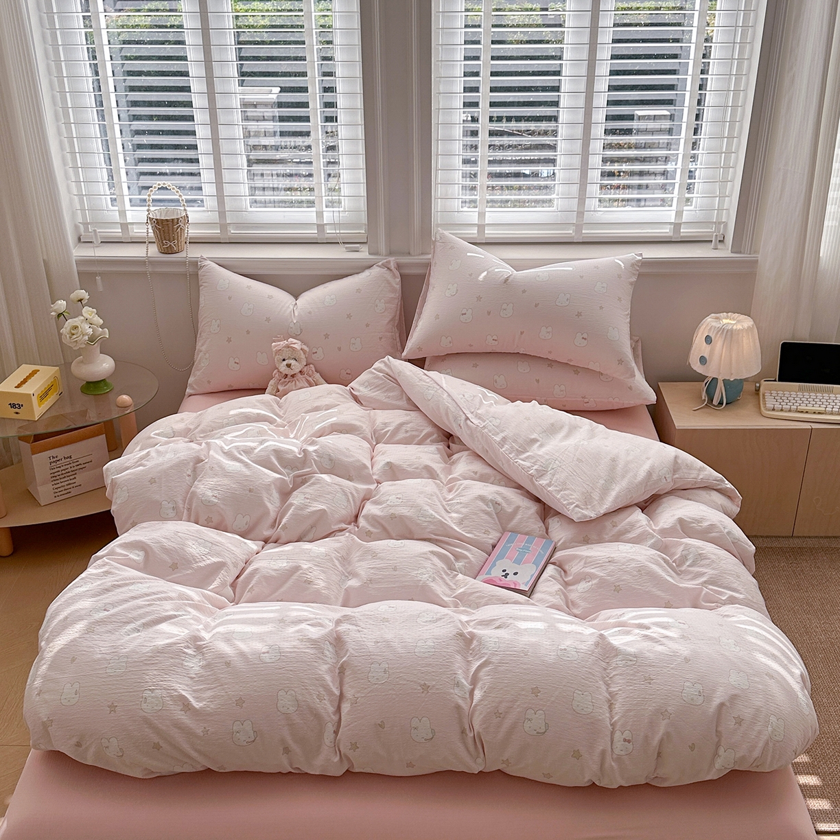 91家纺网 家纺一手货源 找家纺 多品家纺 2026新款奶呼呼超柔云感双层纱系列单被套 桃气兔兔