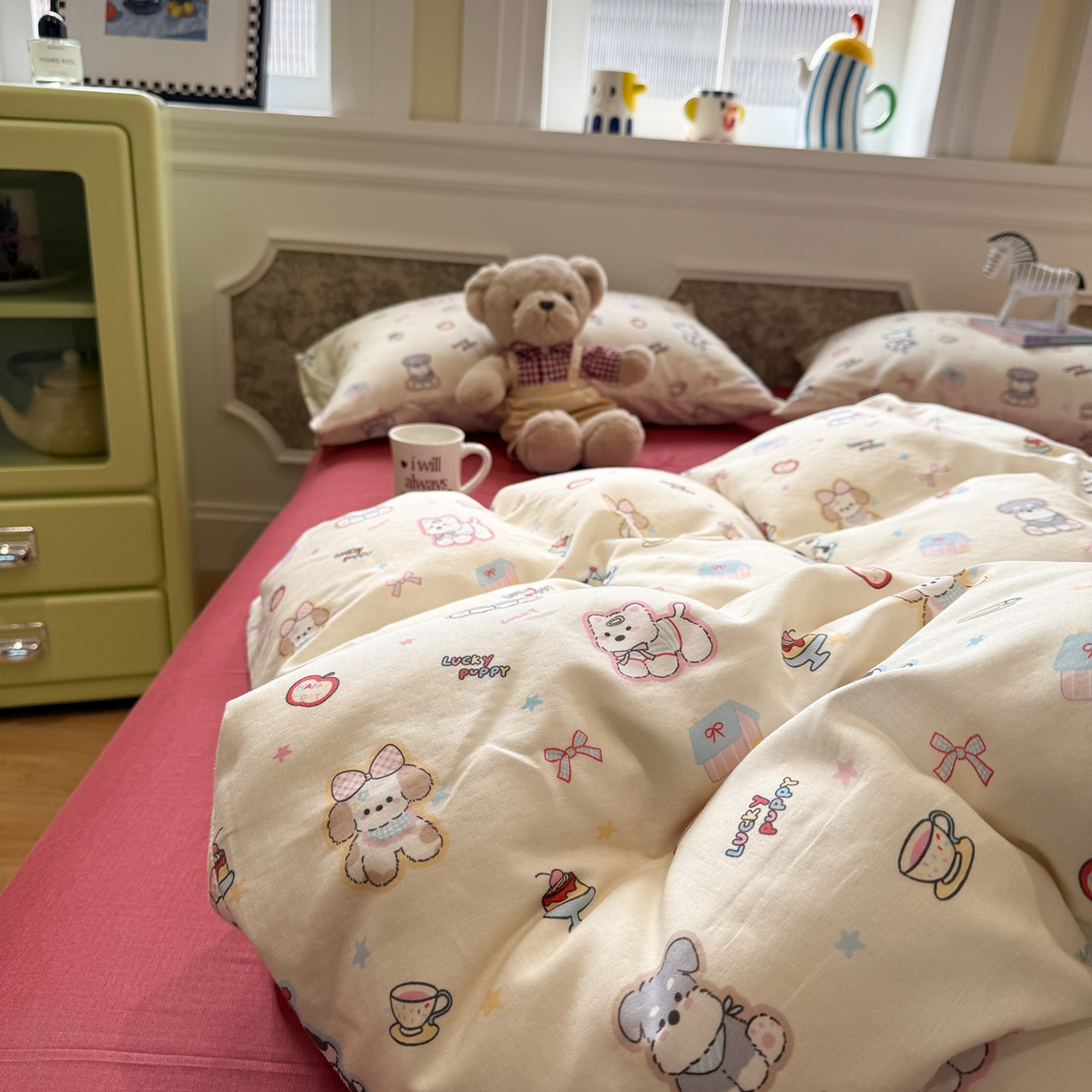 91家纺网 家纺一手货源 找家纺 塞纳 2026新款.全棉有氧双层纱四件套-场景一 甜梦小窝