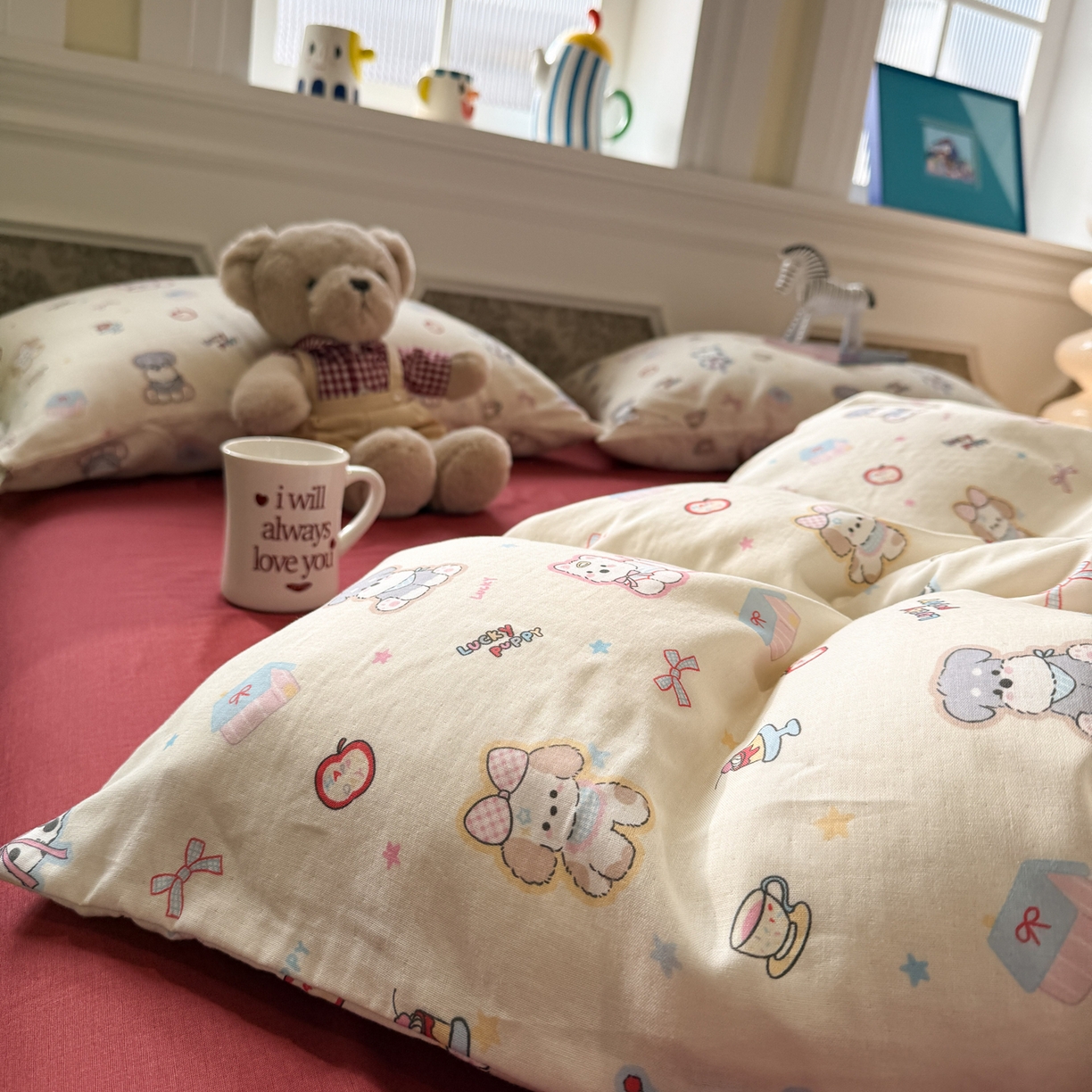 91家纺网 家纺一手货源 找家纺 塞纳 2026新款.全棉有氧双层纱四件套-场景一 甜梦小窝