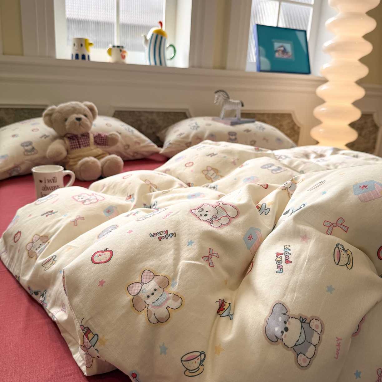 91家纺网 家纺一手货源 找家纺 塞纳 2026新款.全棉有氧双层纱四件套-场景一 甜梦小窝