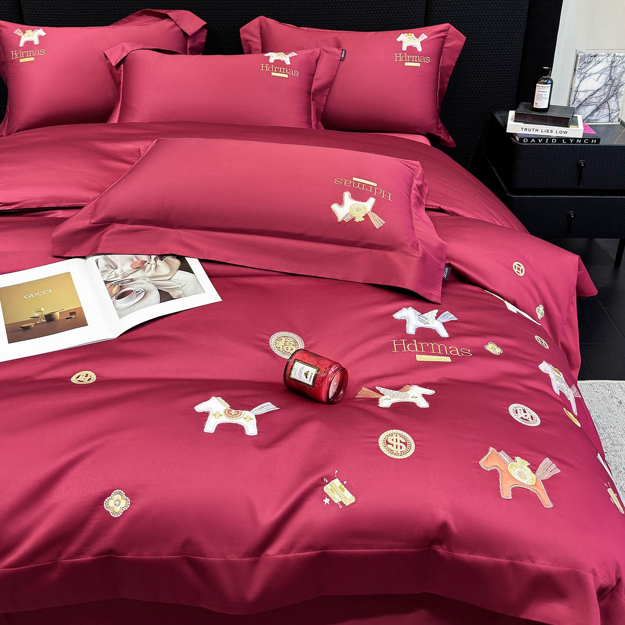 91家纺网 家纺一手货源 找家纺  2026【迪奥】马年50S双股A类长绒棉纯棉四件套100全棉新年刺绣被套床单床笠床上用品 马上有钱-红