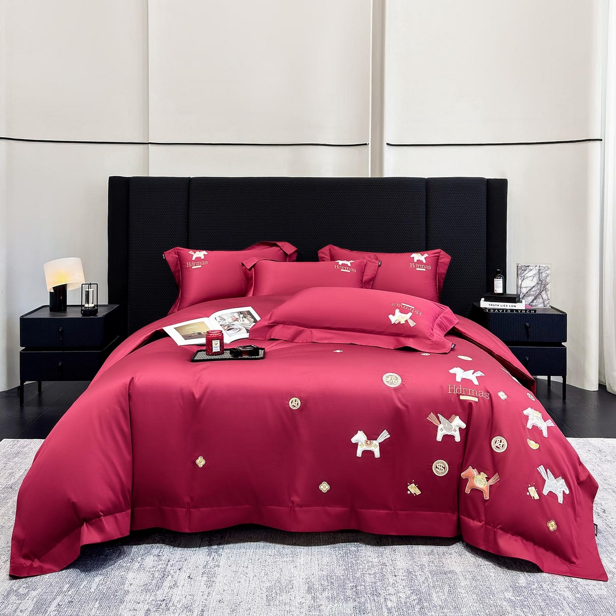 91家纺网 家纺一手货源 找家纺  2026【迪奥】马年50S双股A类长绒棉纯棉四件套100全棉新年刺绣被套床单床笠床上用品 马上有钱-红