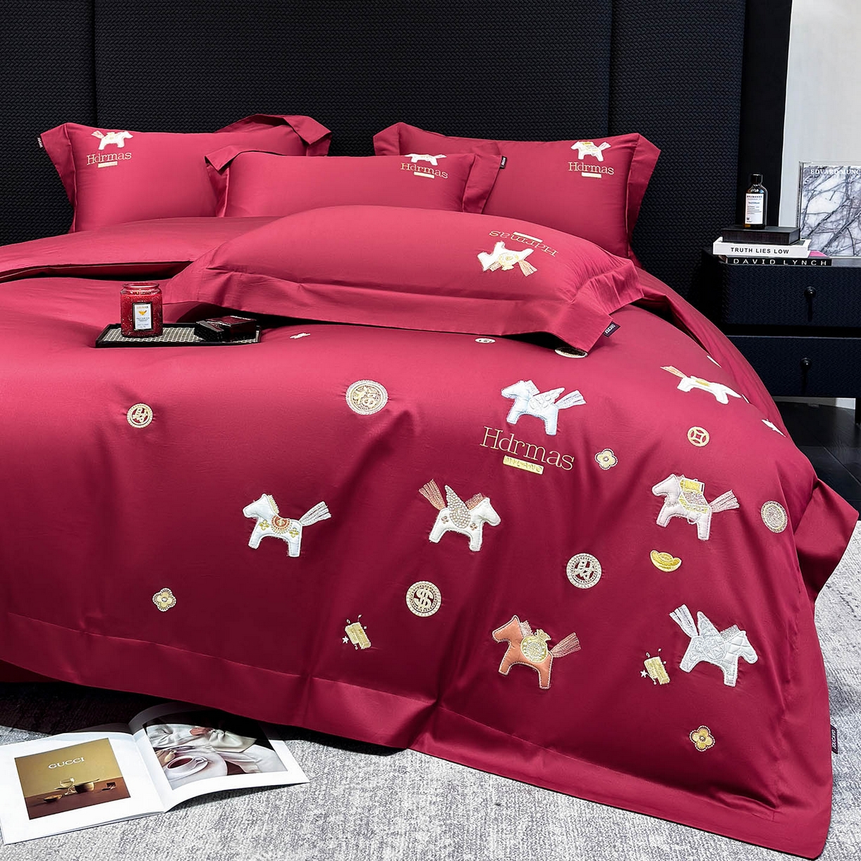 91家纺网 家纺一手货源 找家纺  2026【迪奥】马年50S双股A类长绒棉纯棉四件套100全棉新年刺绣被套床单床笠床上用品 马上有钱-红