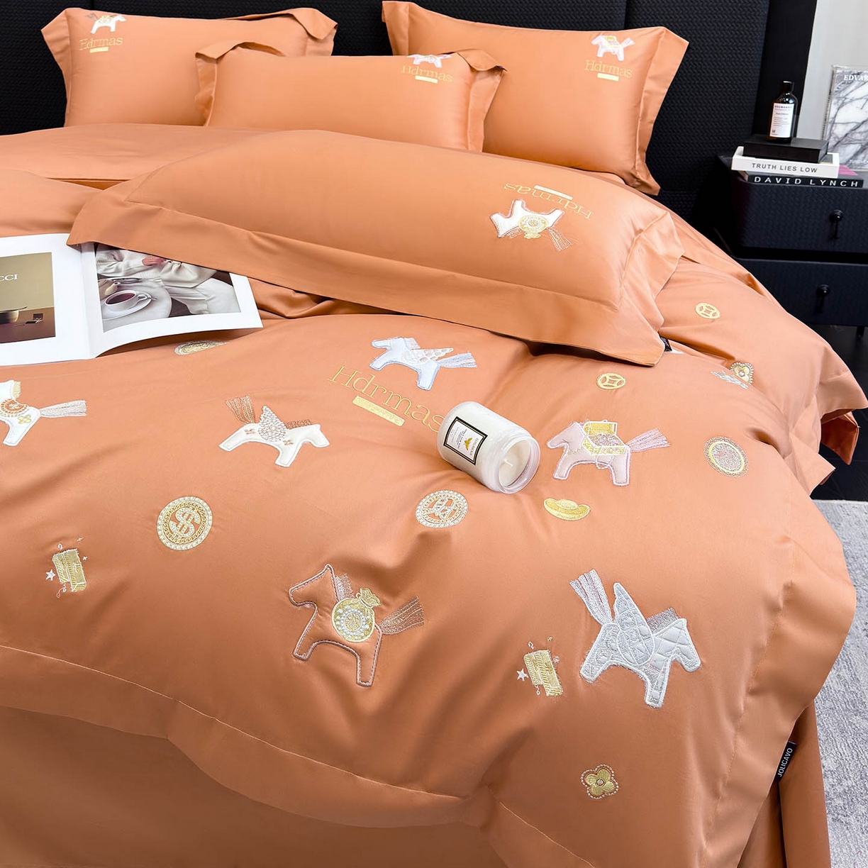  2026新款【迪奥】马年50S双股A类长绒棉纯棉四件套100全棉新年刺绣被套床单 马上有钱-橙