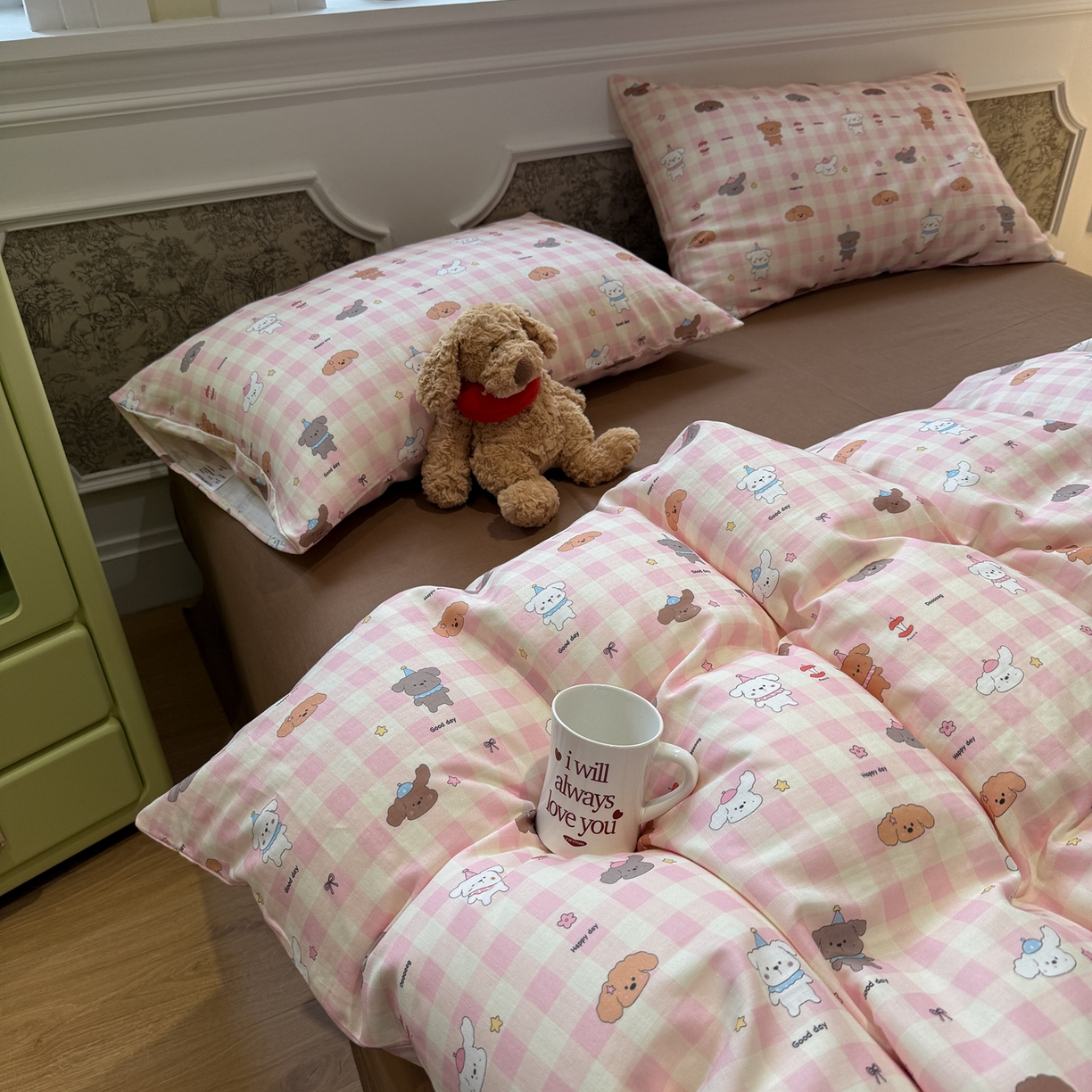 塞纳 2026新款.全棉有氧双层纱四件套-场景二 粉格奶狗