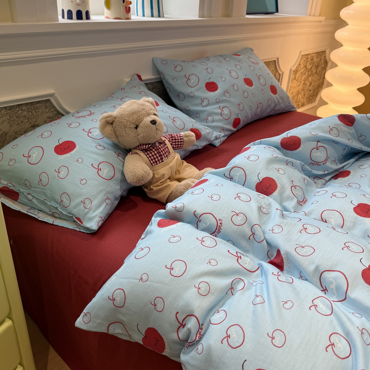 91家纺网 家纺一手货源 找家纺 塞纳 2026新款.全棉有氧双层纱四件套-场景二 海盐苹果派