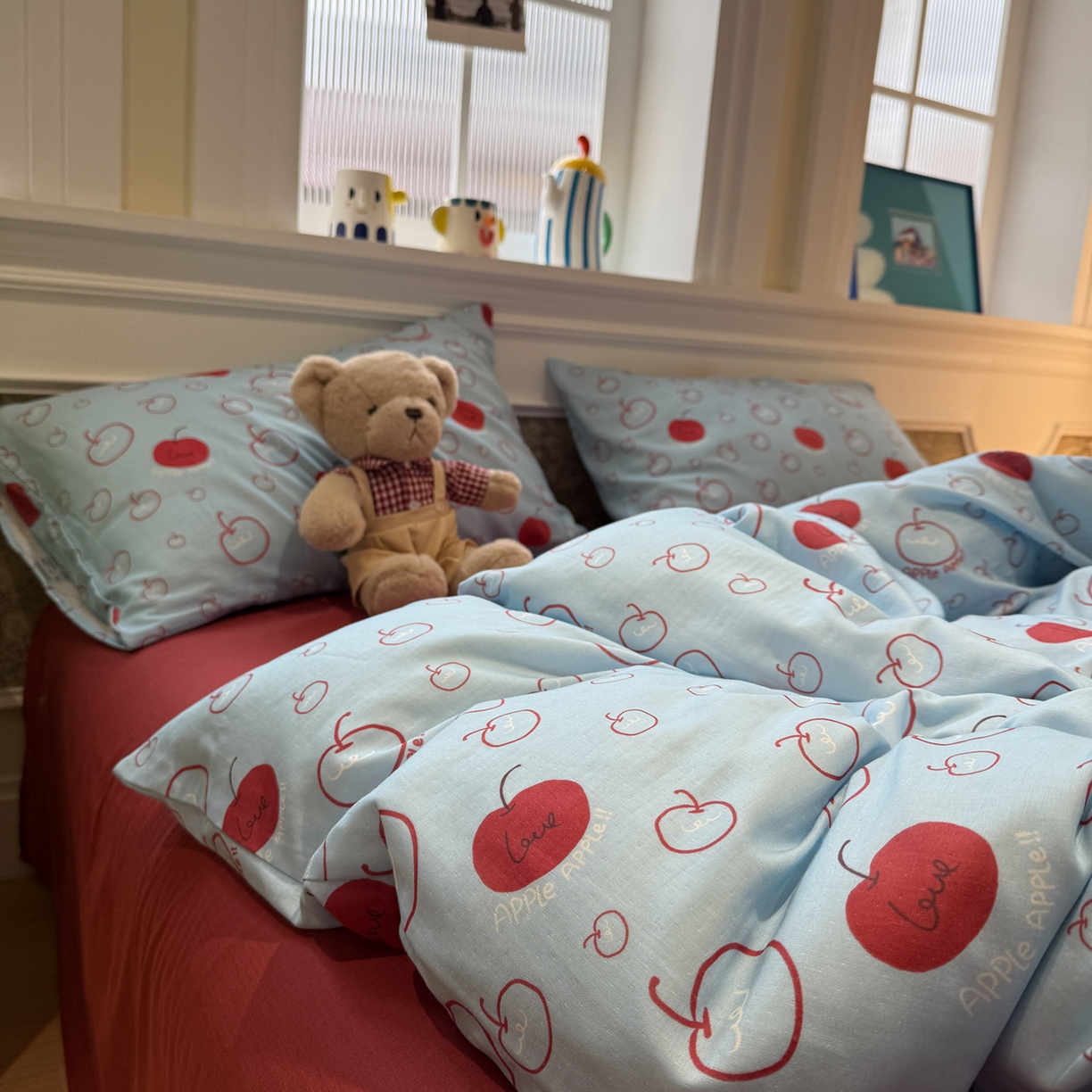 91家纺网 家纺一手货源 找家纺 塞纳 2026新款.全棉有氧双层纱四件套-场景二 海盐苹果派