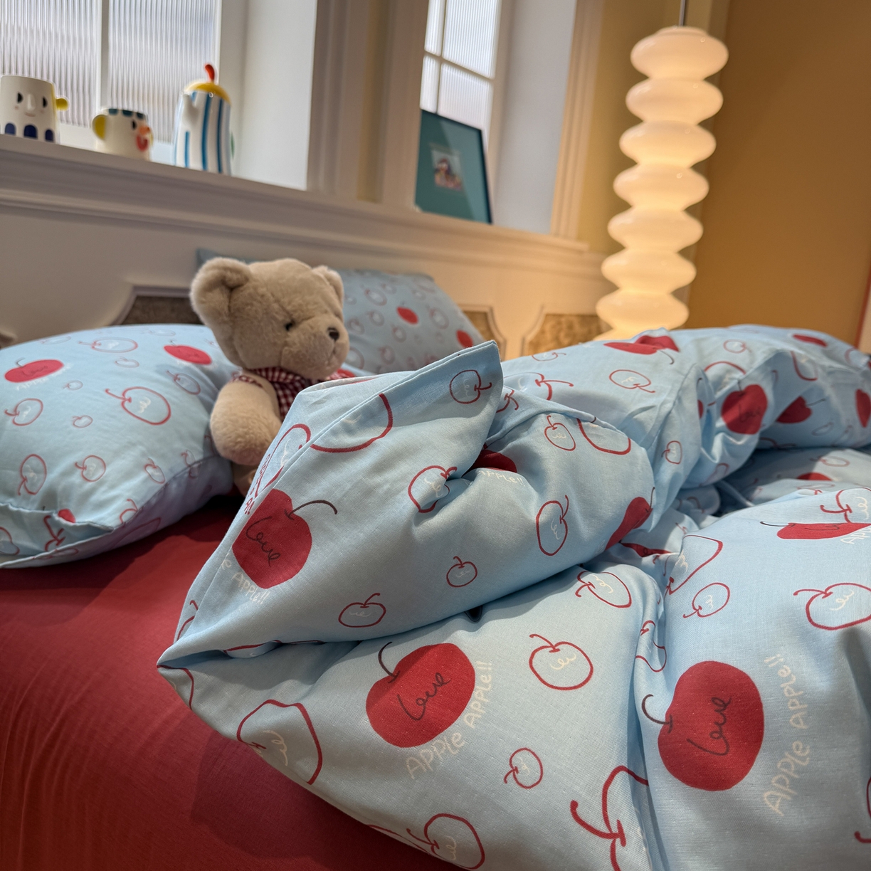 91家纺网 家纺一手货源 找家纺 塞纳 2026新款.全棉有氧双层纱四件套-场景二 海盐苹果派