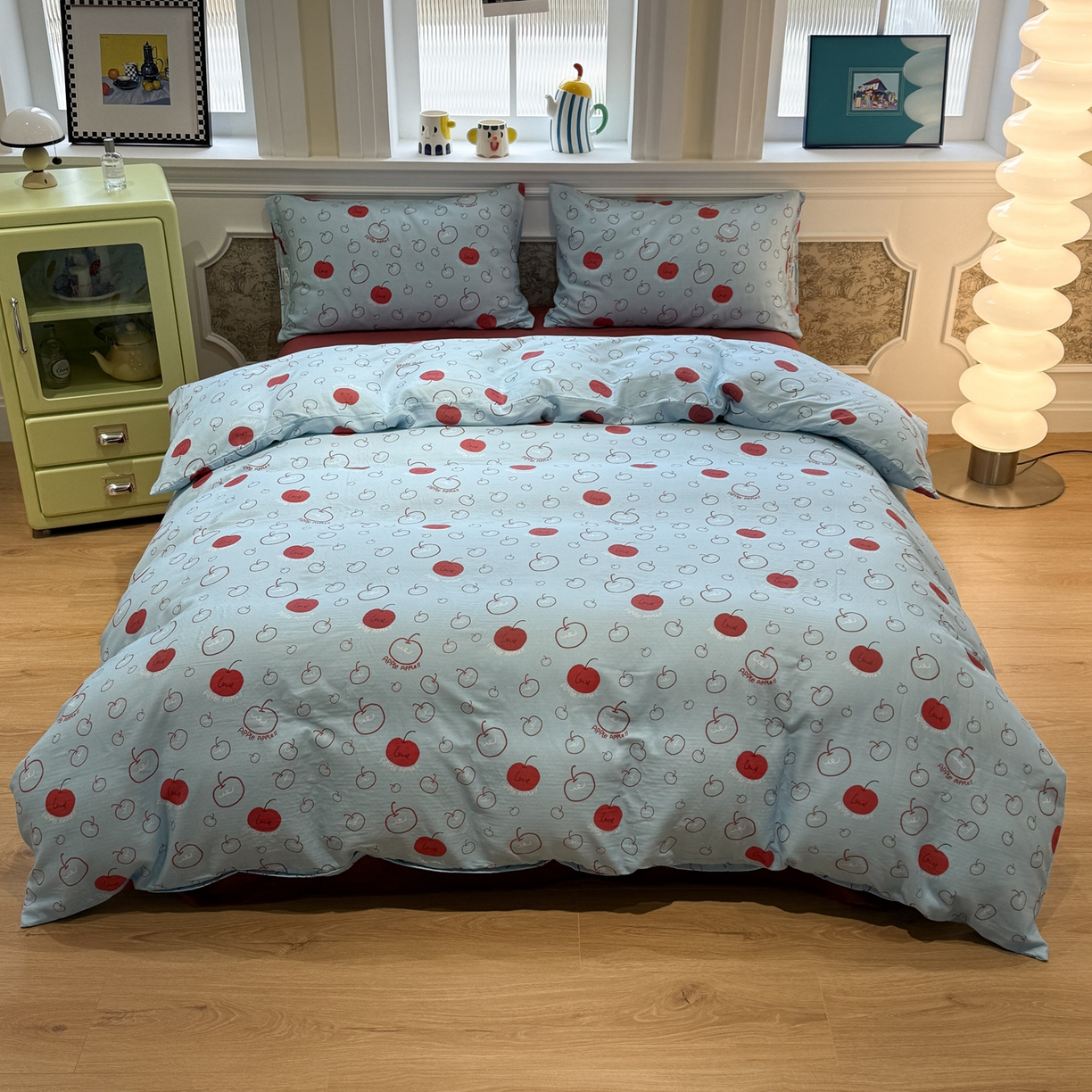 91家纺网 家纺一手货源 找家纺 塞纳 2026新款.全棉有氧双层纱四件套-场景二 海盐苹果派