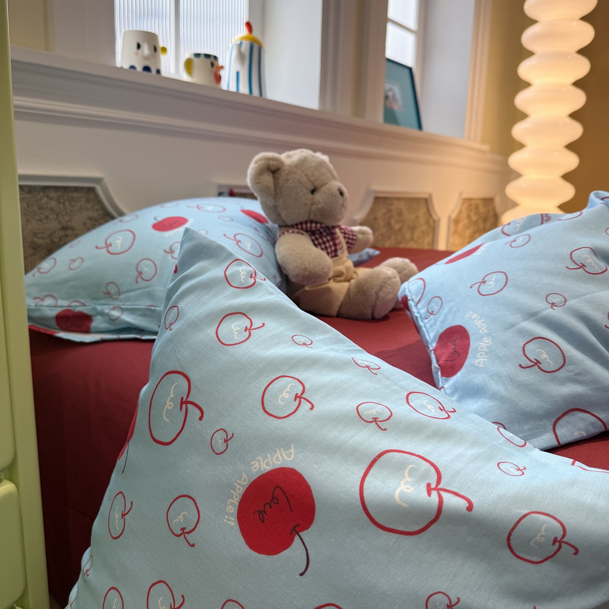 91家纺网 家纺一手货源 找家纺 塞纳 2026新款.全棉有氧双层纱四件套-场景二 海盐苹果派