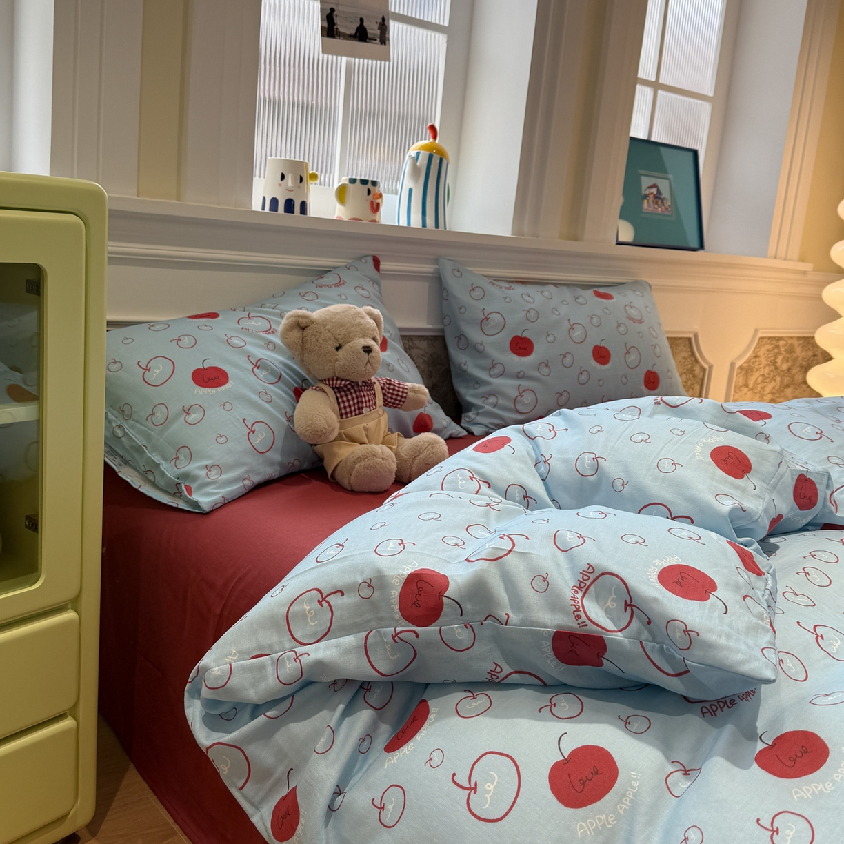 91家纺网 家纺一手货源 找家纺 塞纳 2026新款.全棉有氧双层纱四件套-场景二 海盐苹果派