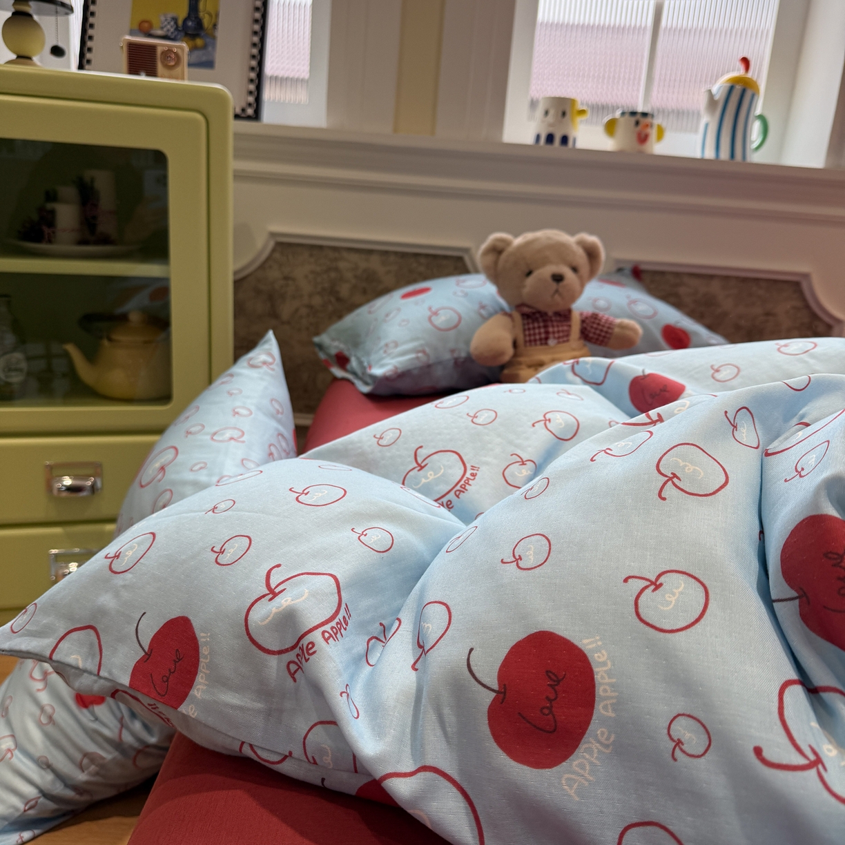 91家纺网 家纺一手货源 找家纺 塞纳 2026新款.全棉有氧双层纱四件套-场景二 海盐苹果派