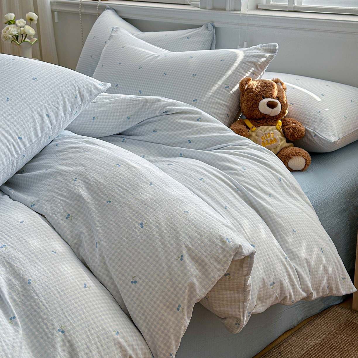 91家纺网 家纺一手货源 找家纺 多品家纺 2026新款奶呼呼超柔云感双层纱系列单被套 樱桃蓝