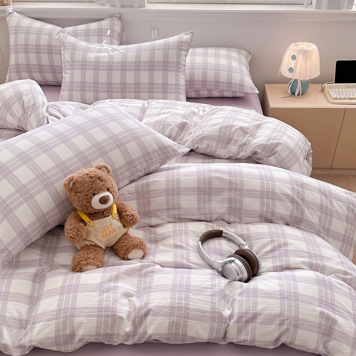 91家纺网 家纺一手货源 找家纺 多品家纺 2026新款奶呼呼超柔云感双层纱系列四件套 半岛紫格