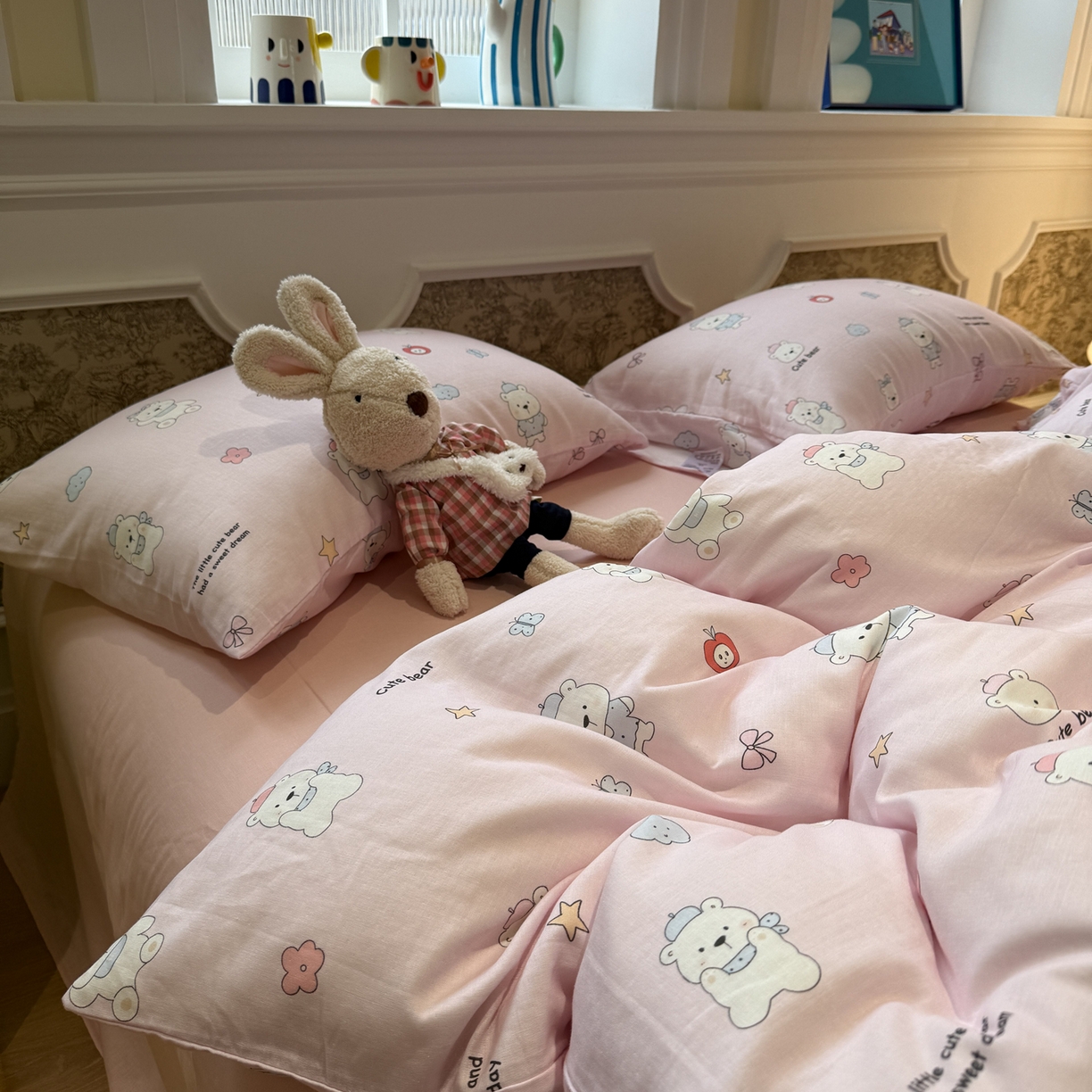塞纳 2026新款.全棉有氧双层纱四件套-场景二 软糖小熊-粉