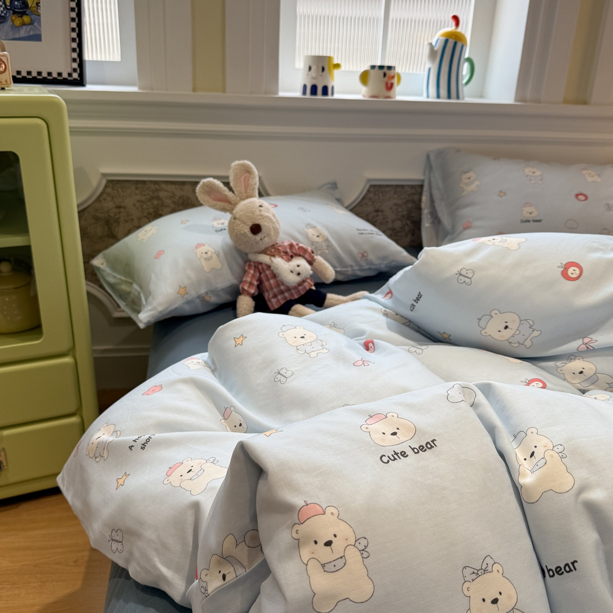 91家纺网 家纺一手货源 找家纺 塞纳 2026新款.全棉有氧双层纱四件套-场景二 软糖小熊-蓝