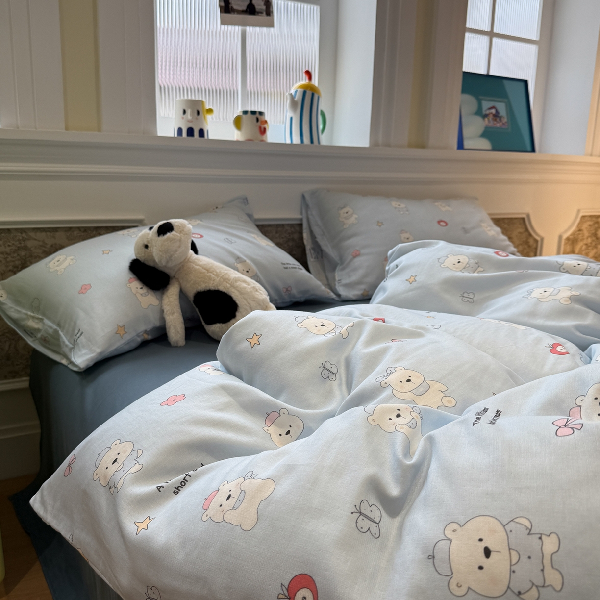 91家纺网 家纺一手货源 找家纺 塞纳 2026新款.全棉有氧双层纱四件套-场景二 软糖小熊-蓝