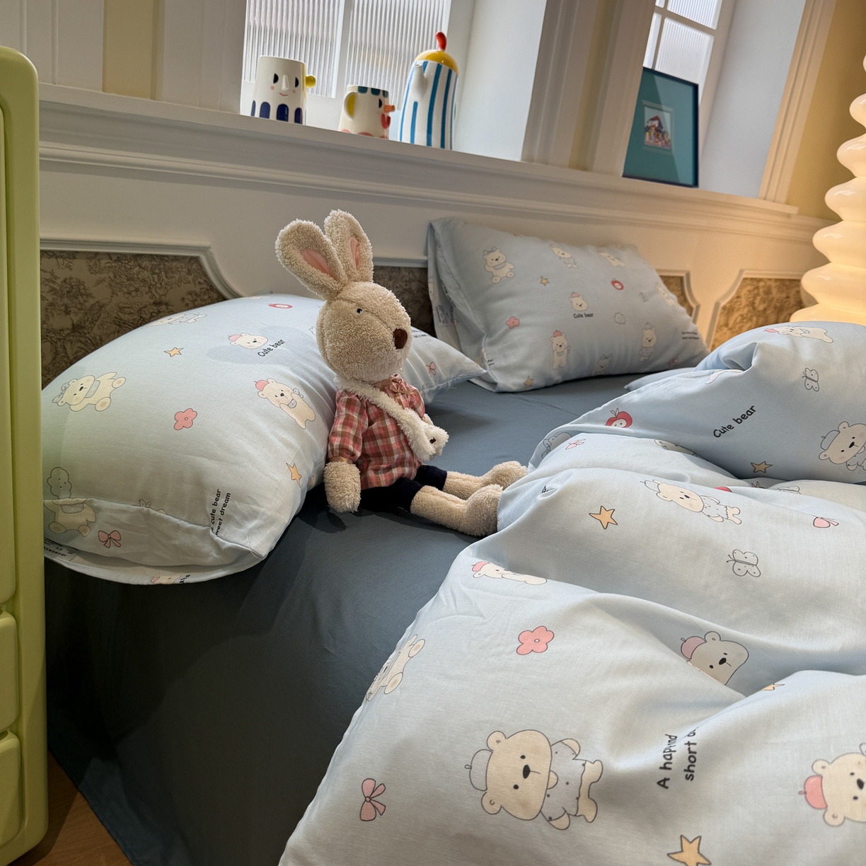 91家纺网 家纺一手货源 找家纺 塞纳 2026新款.全棉有氧双层纱四件套-场景二 软糖小熊-蓝