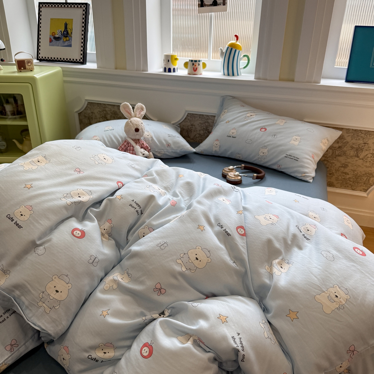 91家纺网 家纺一手货源 找家纺 塞纳 2026新款.全棉有氧双层纱四件套-场景二 软糖小熊-蓝