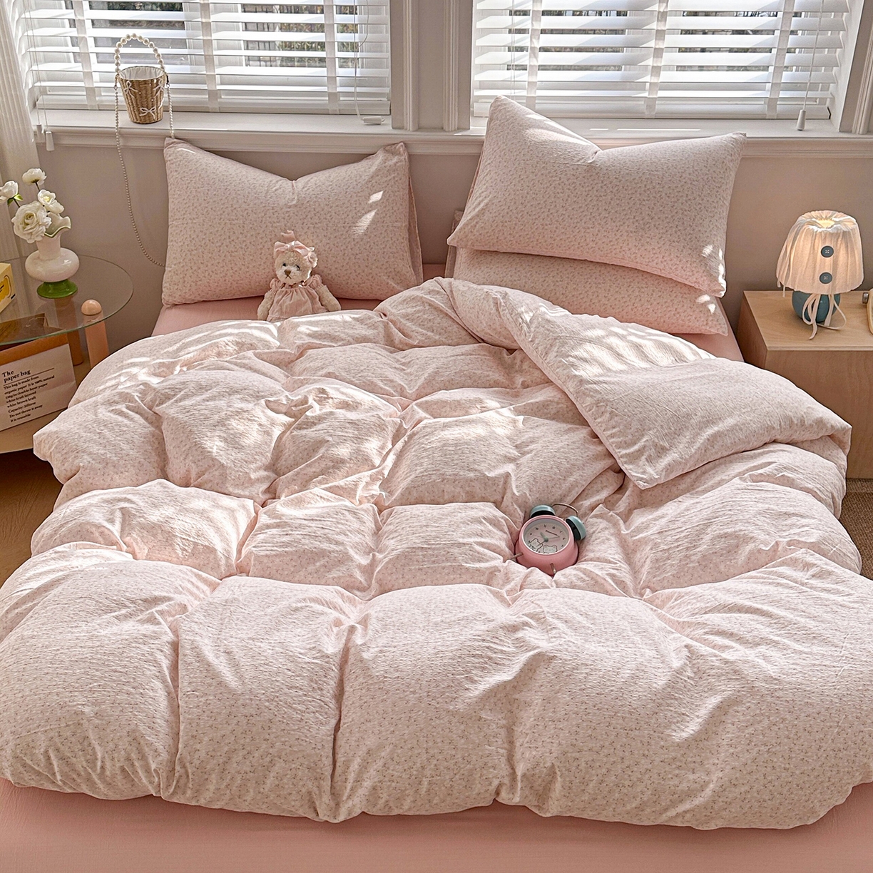 91家纺网 家纺一手货源 找家纺 多品家纺 2026新款奶呼呼超柔云感双层纱系列四件套 粉粉小花