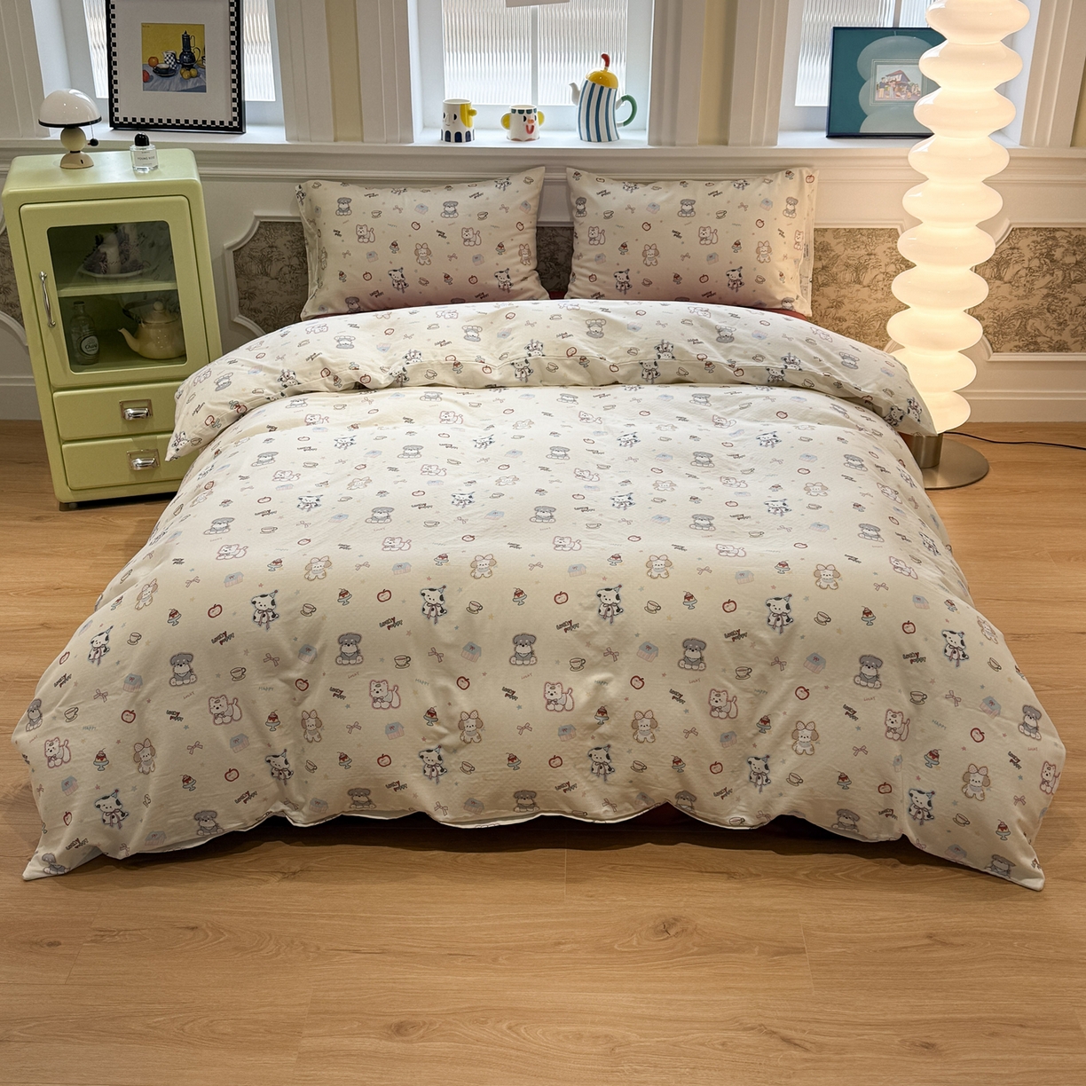 91家纺网 家纺一手货源 找家纺 塞纳 2026新款.全棉有氧双层纱四件套-场景二 甜梦小窝