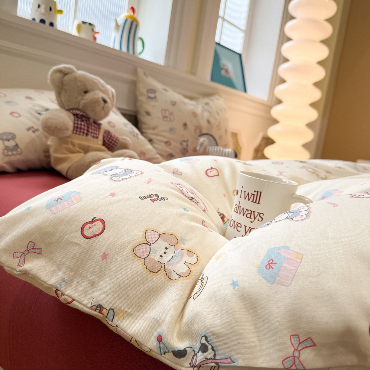 91家纺网 家纺一手货源 找家纺 塞纳 2026新款.全棉有氧双层纱四件套-场景二 甜梦小窝