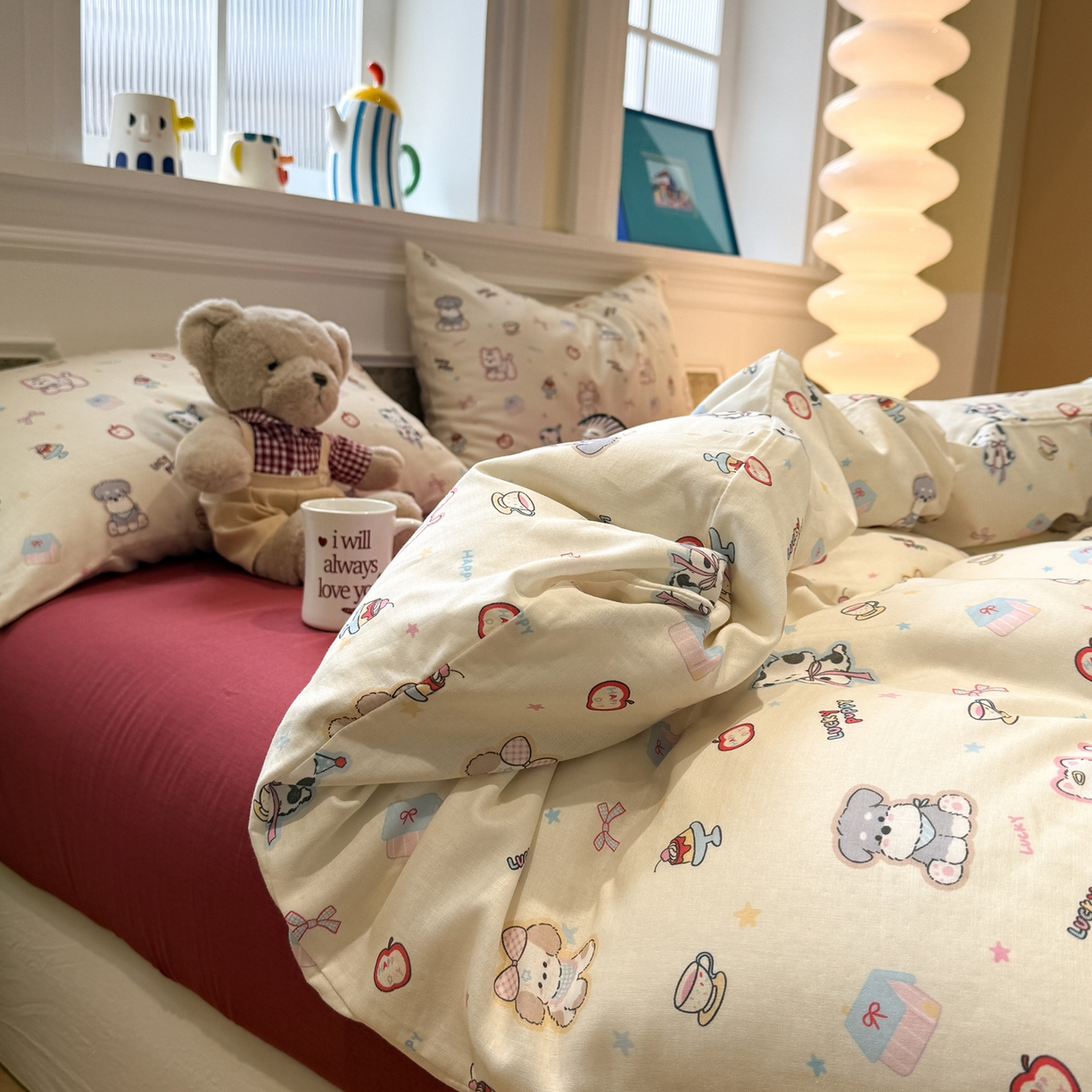 91家纺网 家纺一手货源 找家纺 塞纳 2026新款.全棉有氧双层纱四件套-场景二 甜梦小窝