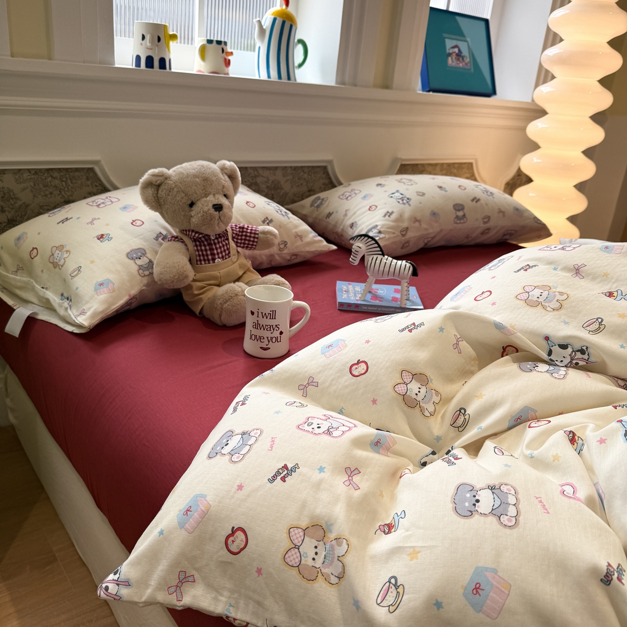 91家纺网 家纺一手货源 找家纺 塞纳 2026新款.全棉有氧双层纱四件套-场景二 甜梦小窝