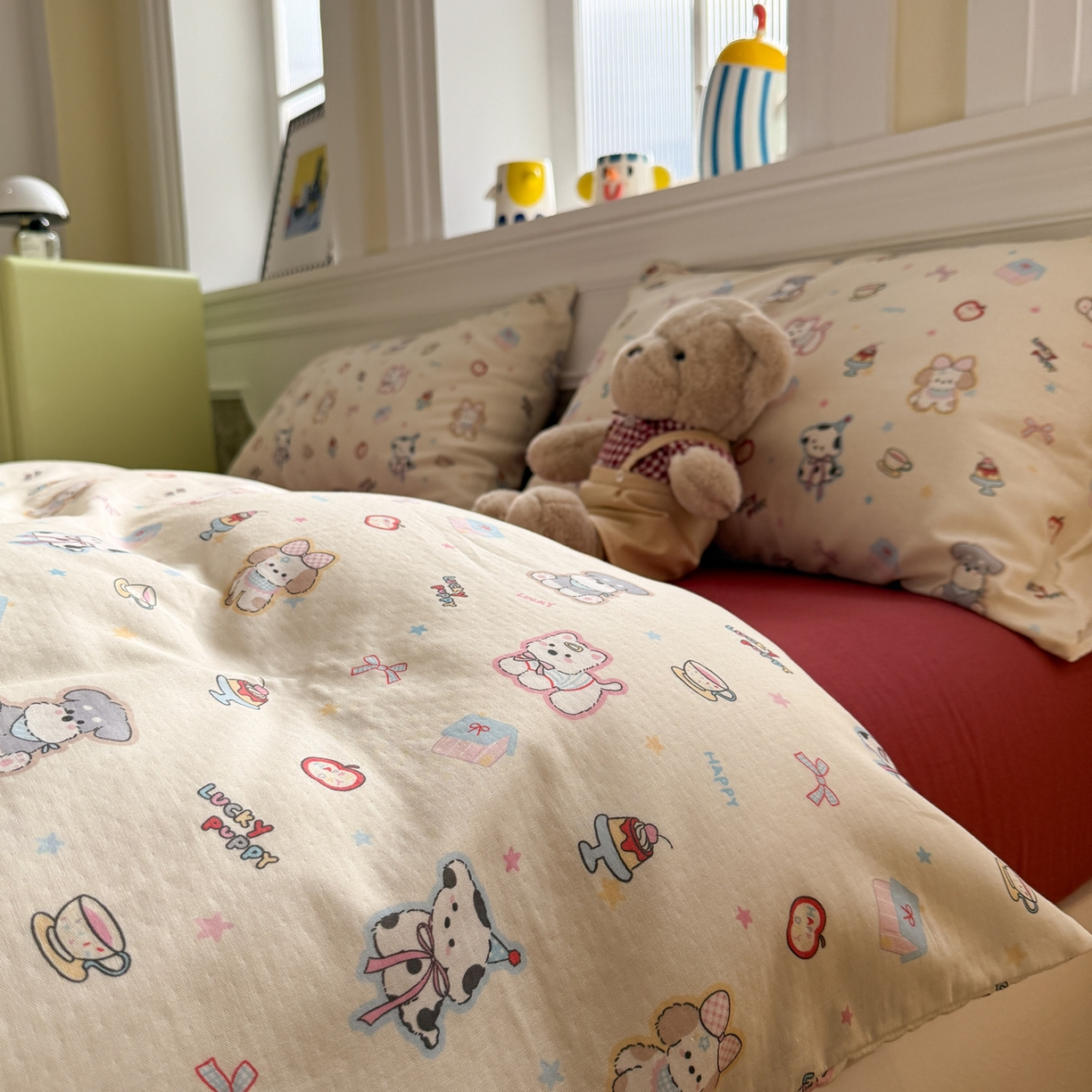 91家纺网 家纺一手货源 找家纺 塞纳 2026新款.全棉有氧双层纱四件套-场景二 甜梦小窝