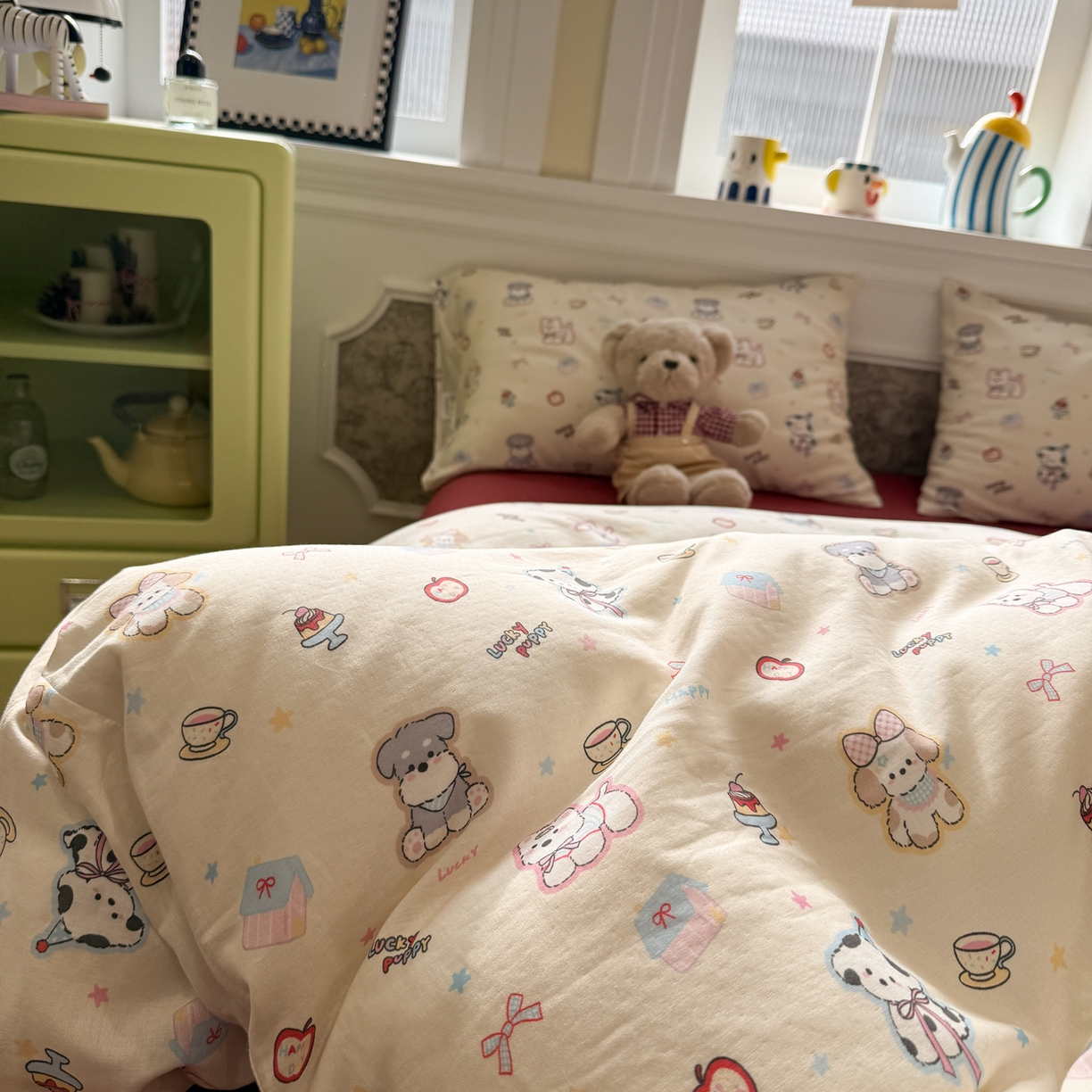 91家纺网 家纺一手货源 找家纺 塞纳 2026新款.全棉有氧双层纱四件套-场景二 甜梦小窝