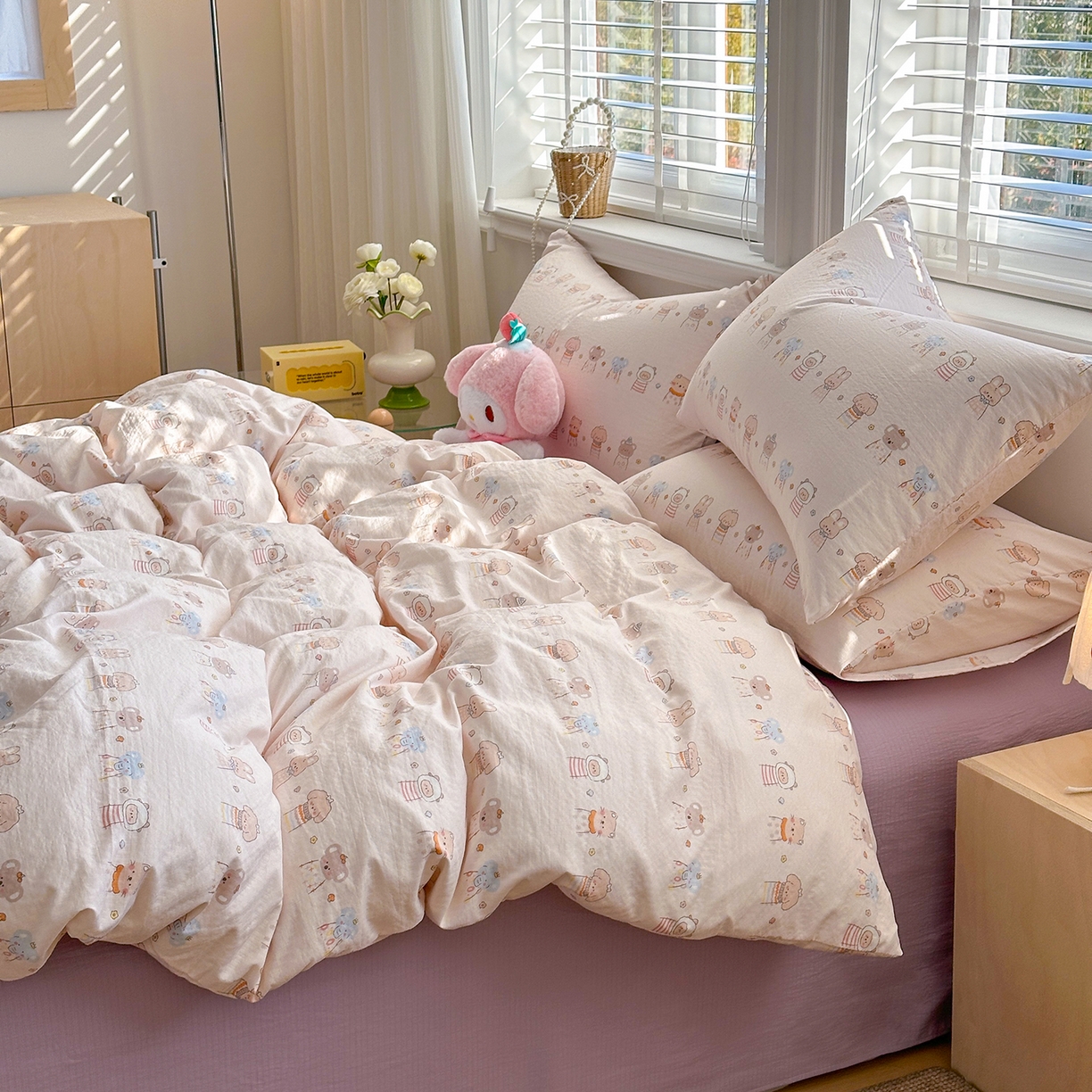 91家纺网 家纺一手货源 找家纺 多品家纺 2026新款奶呼呼超柔云感双层纱系列四件套 福气满满