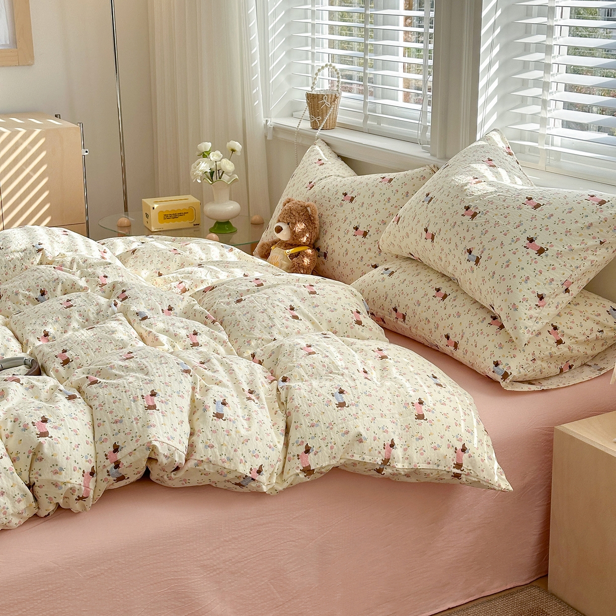 91家纺网 家纺一手货源 找家纺 多品家纺 2026新款奶呼呼超柔云感双层纱系列四件套 花田小狗