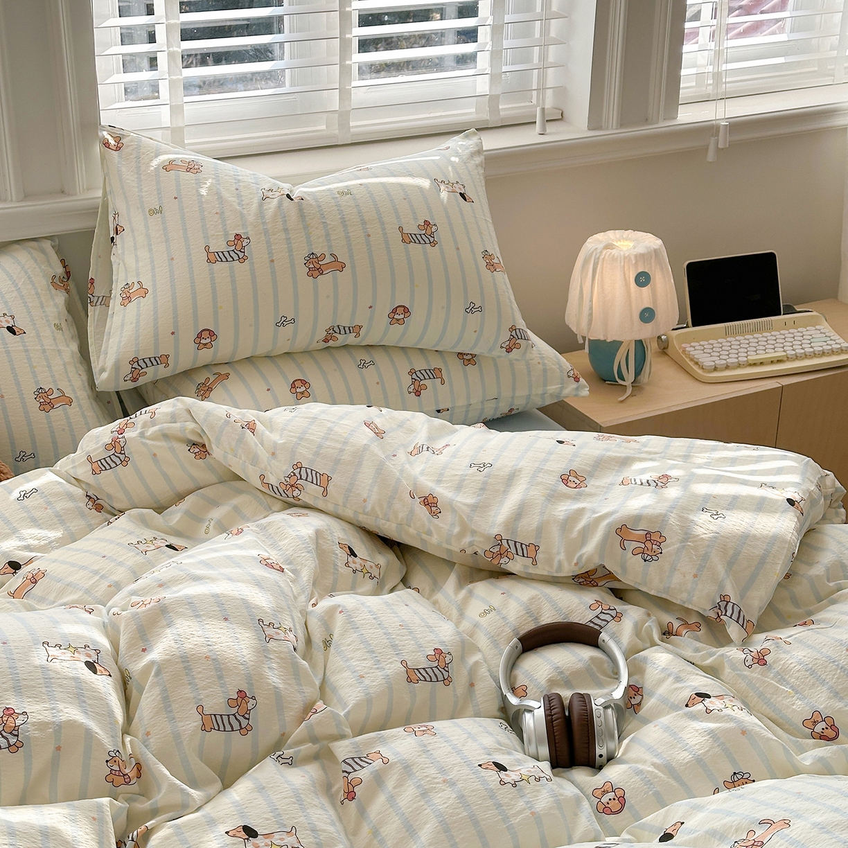 91家纺网 家纺一手货源 找家纺 多品家纺 2026新款奶呼呼超柔云感双层纱系列四件套 开心狗