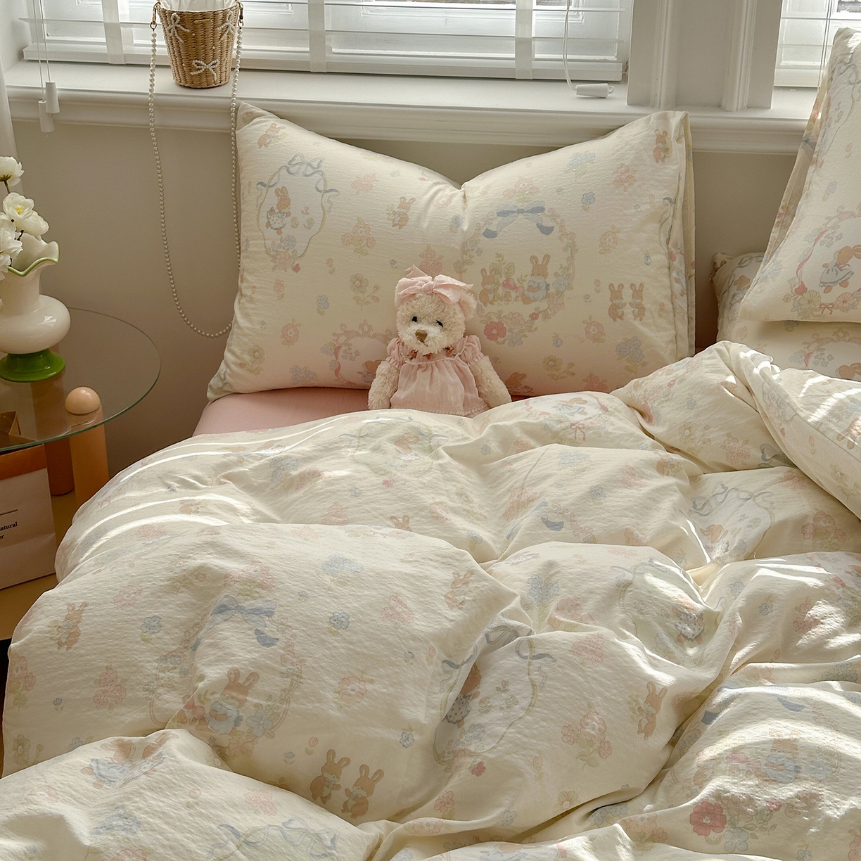 91家纺网 家纺一手货源 找家纺 多品家纺 2026新款奶呼呼超柔云感双层纱系列四件套 棉花兔兔