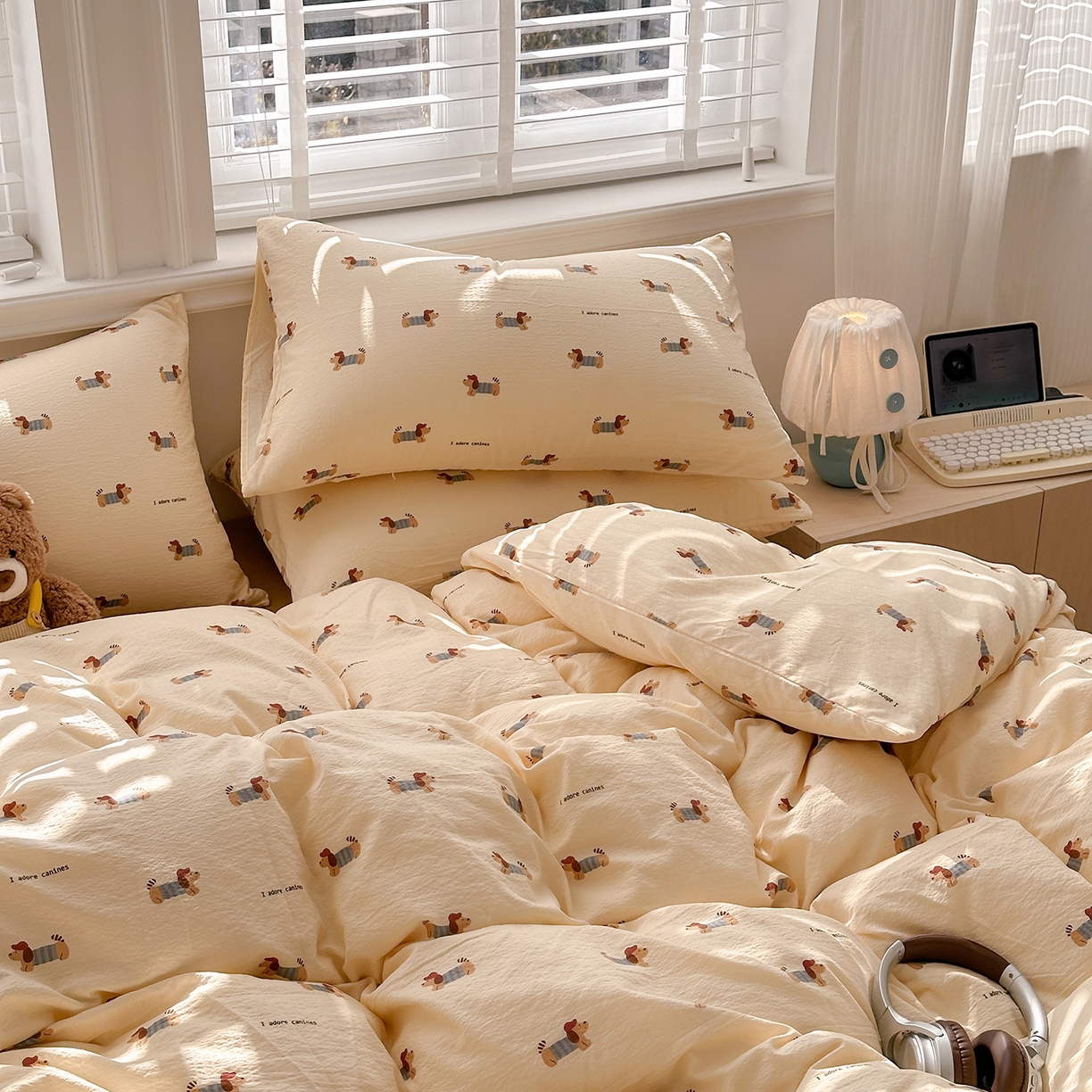 91家纺网 家纺一手货源 找家纺 多品家纺 2026新款奶呼呼超柔云感双层纱系列四件套 汪星人