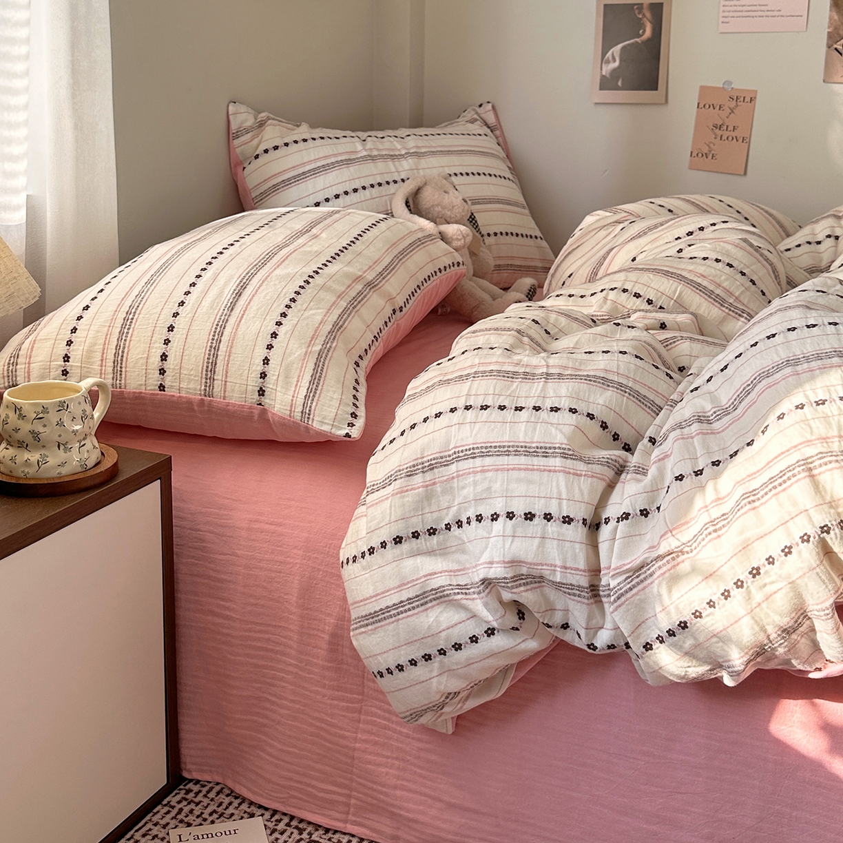 91家纺网 家纺一手货源 找家纺 艾咪-Amy ntmy 2026新款全棉纯棉色织提花人字纹四件套-花织 花织-粉