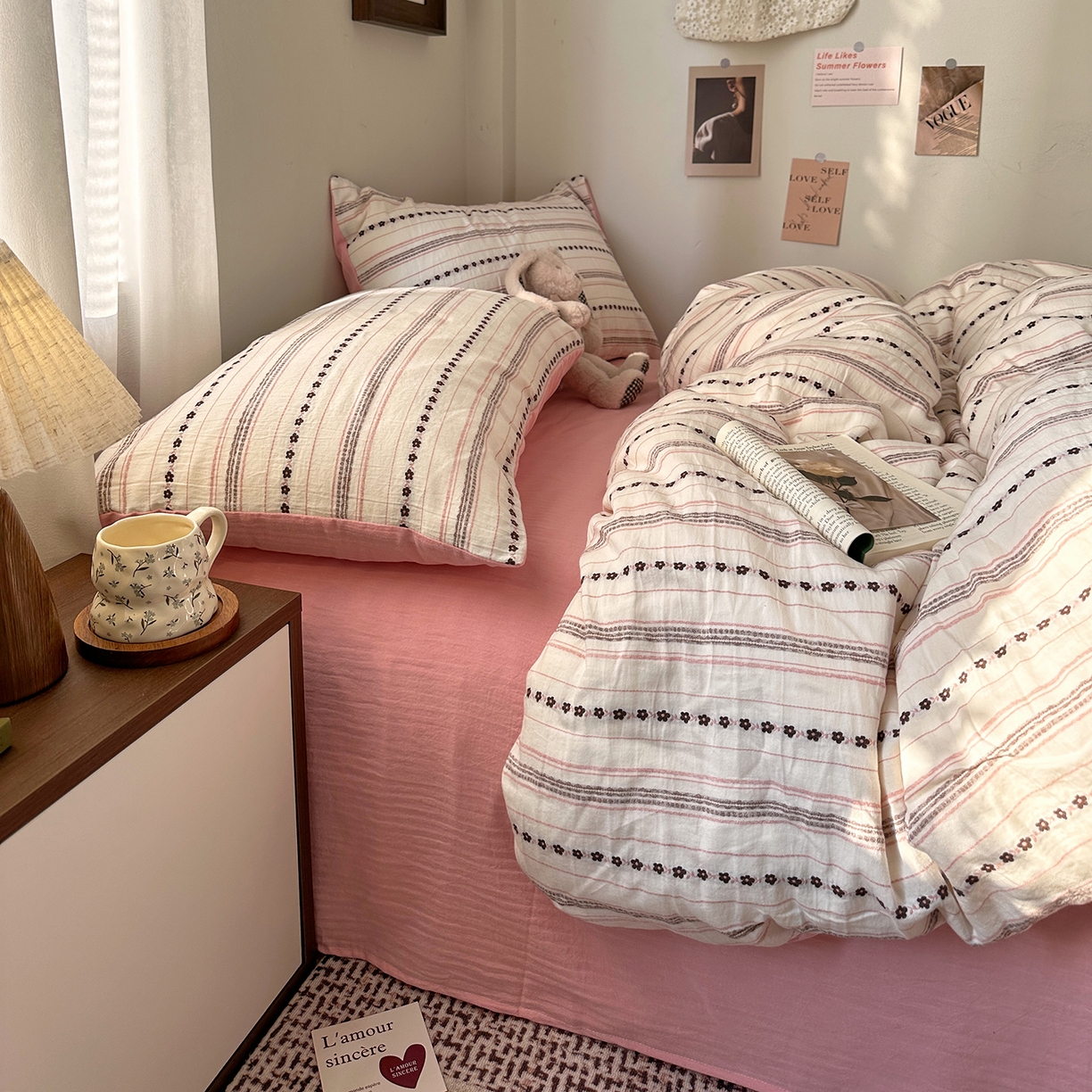 91家纺网 家纺一手货源 找家纺 艾咪-Amy ntmy 2026新款全棉纯棉色织提花人字纹四件套-花织 花织-粉