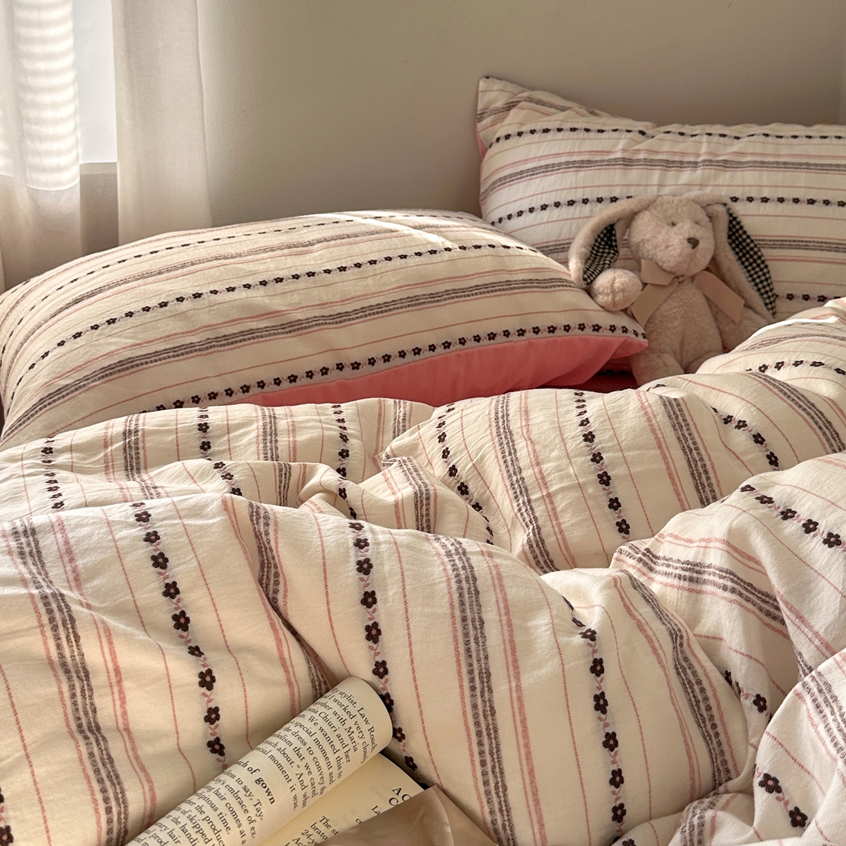 91家纺网 家纺一手货源 找家纺 艾咪-Amy ntmy 2026新款全棉纯棉色织提花人字纹四件套-花织 花织-粉